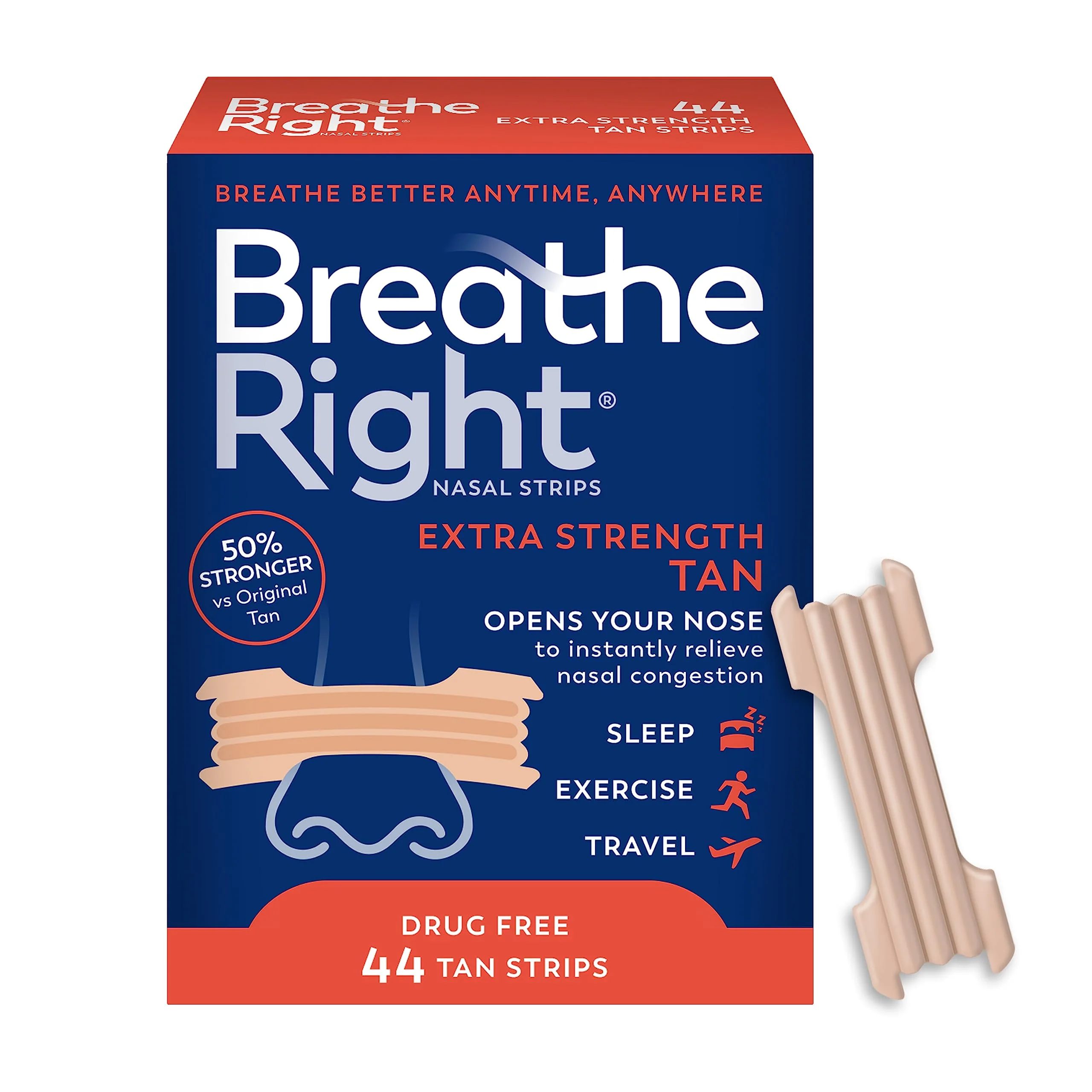 Breathe Right Nasal Strips, Extra Strength Tan Nose Strips, Drug-Free Nasal Congestion Relief for Better Breathing, Help Relieve Snoring, Caused by Colds & Allergies, Deviated Septum, 44ct