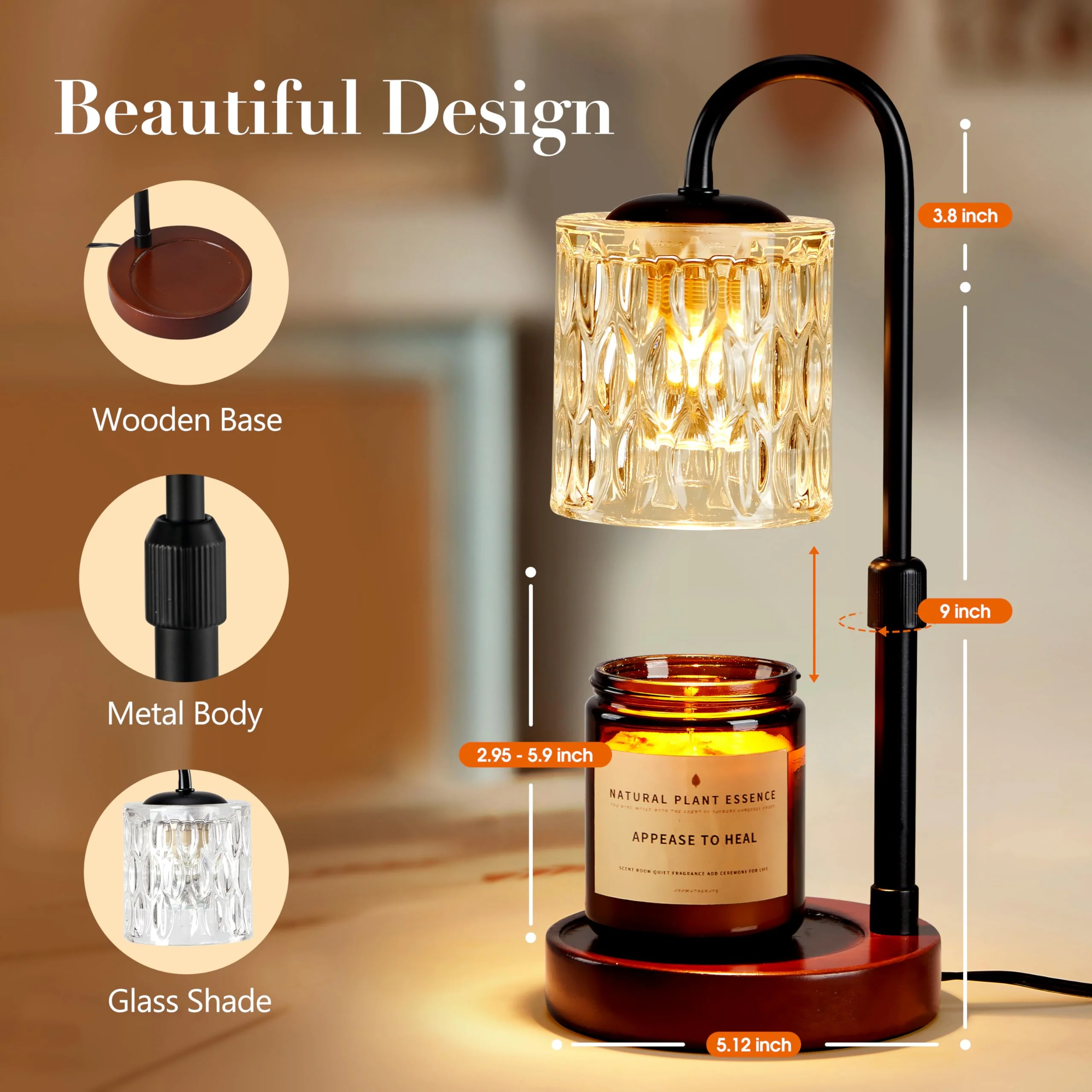 Briever Dimmable Candle Warmer Lamp with Timer, Height Adjustable Electric Candle Wax Warmer, Christmas Birthday Gifts for Women Mom, House Warming Gifts New Home Room Decor, Walnut Solid Wood Base - Image 3