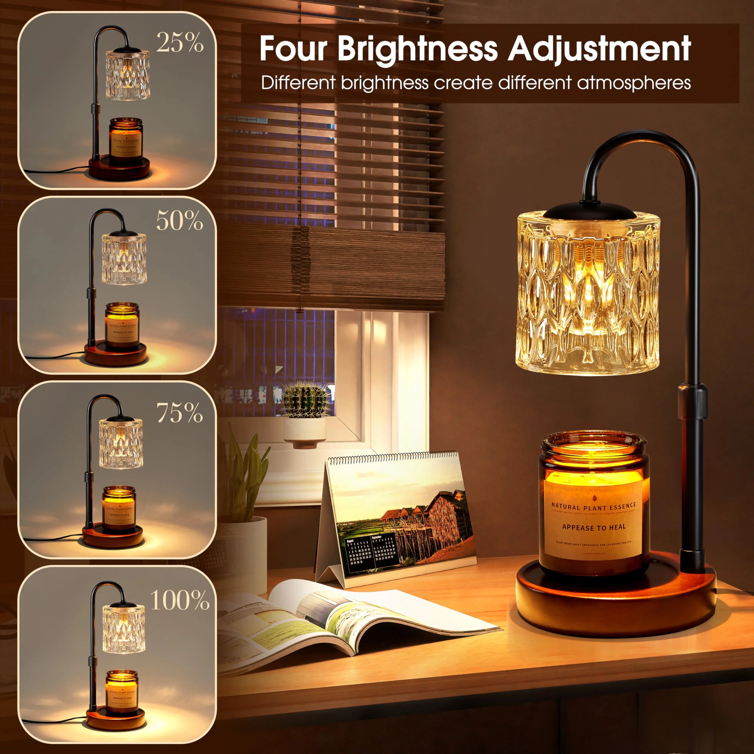 Briever Dimmable Candle Warmer Lamp with Timer, Height Adjustable Electric Candle Wax Warmer, Christmas Birthday Gifts for Women Mom, House Warming Gifts New Home Room Decor, Walnut Solid Wood Base - Image 6
