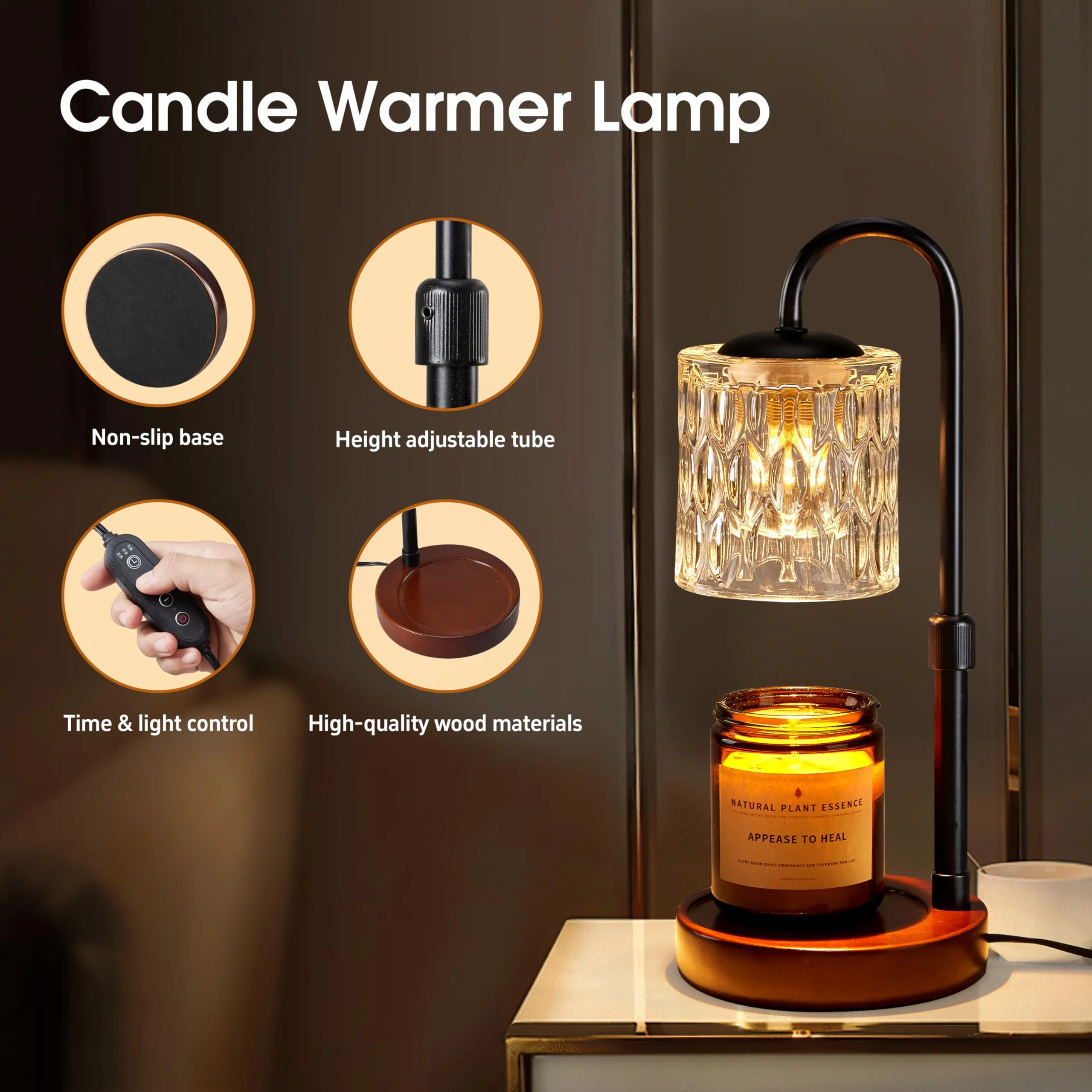 Briever Dimmable Candle Warmer Lamp with Timer, Height Adjustable Electric Candle Wax Warmer, Christmas Birthday Gifts for Women Mom, House Warming Gifts New Home Room Decor, Walnut Solid Wood Base - Image 7