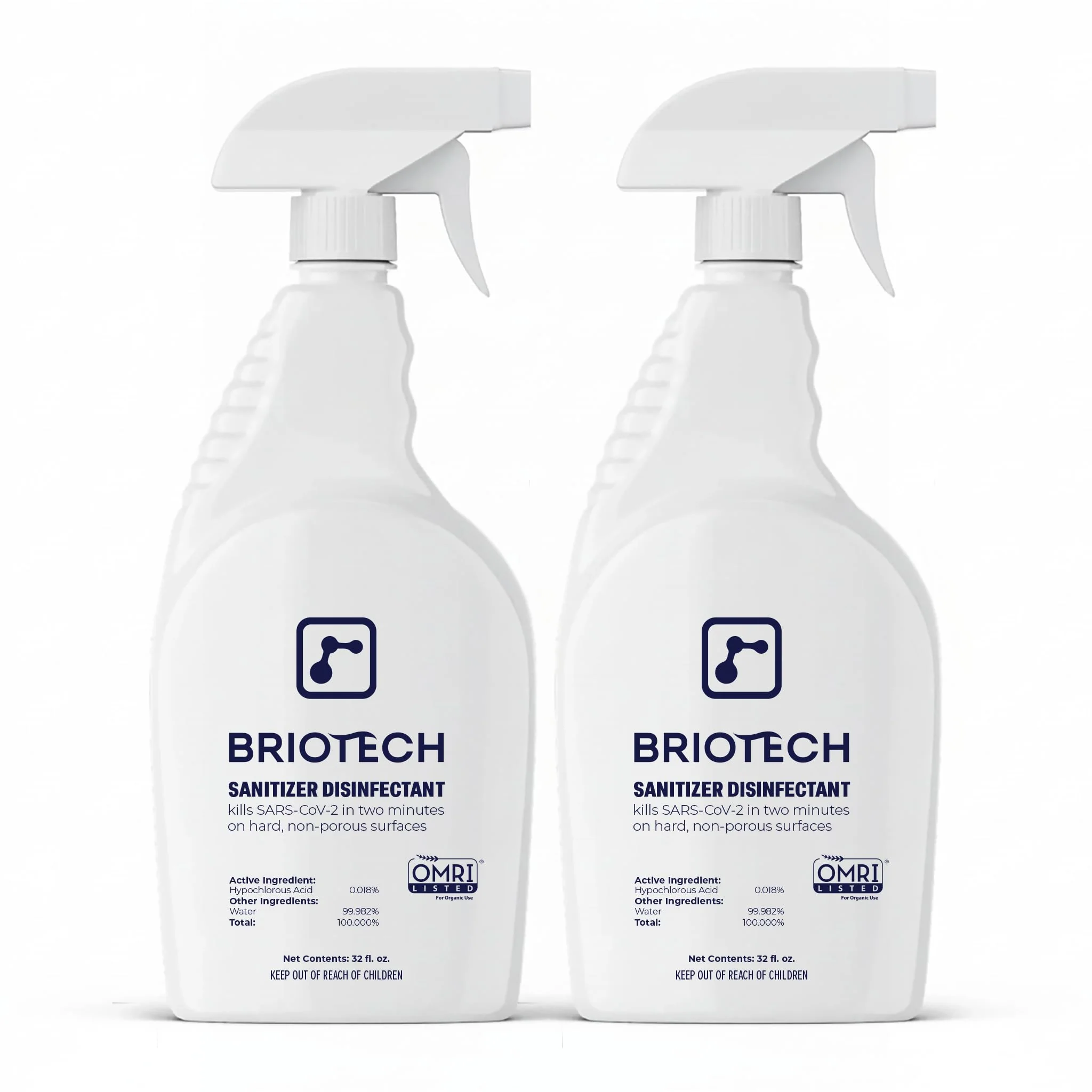 BRIOTECH Sanitizer Disinfectant Hypochlorous Spray, Kills 99.99% of Viruses & Bacteria, Eliminates Odor, Gentle for Nurseries & Play Rooms, Rinse Free Surface Sanitizer, 32 fl oz (Pack of 2)
