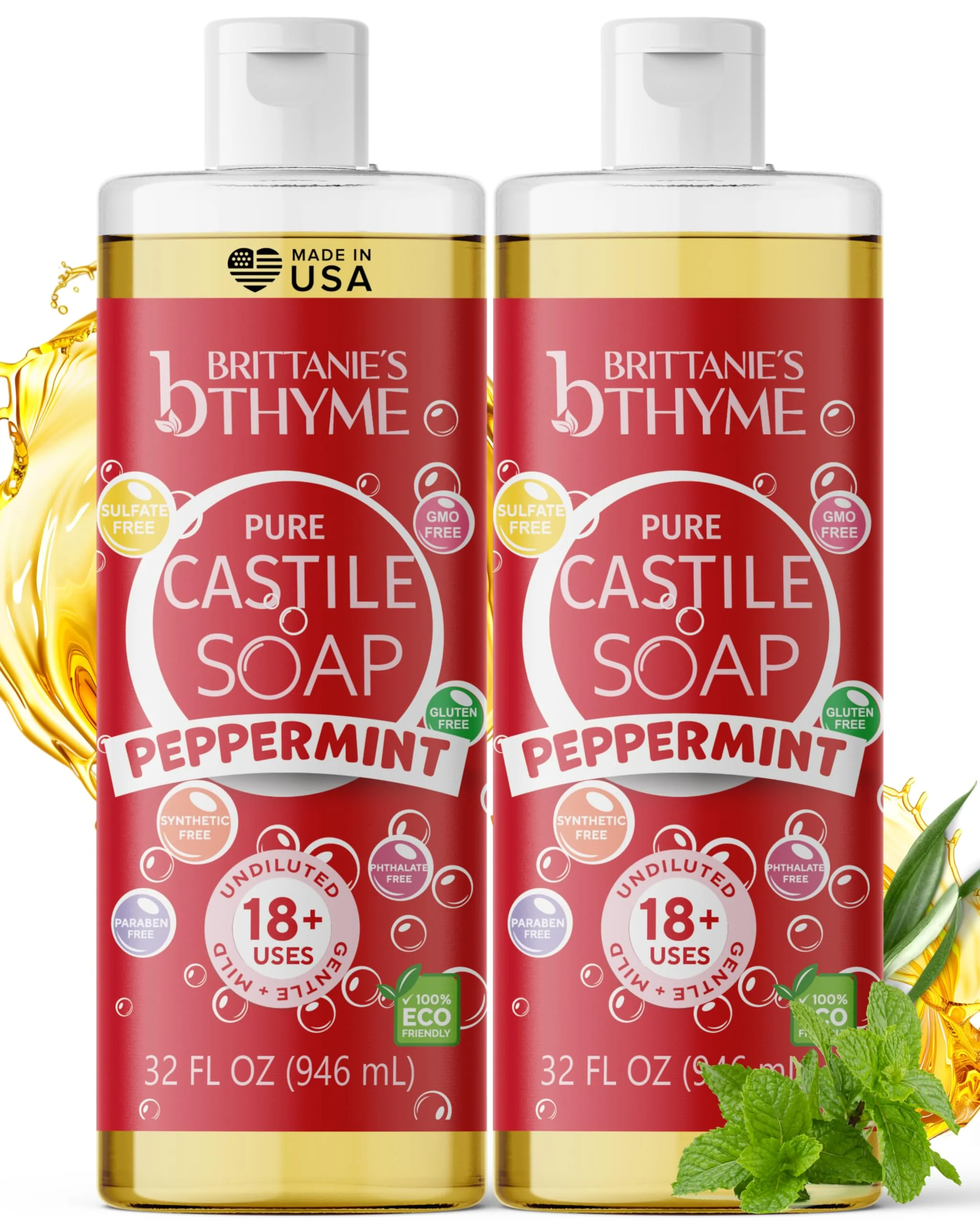 Brittanie's Pure Castile Liquid Soap Peppermint – 2 Pack (32oz Each) | Natural, Organic, Multi-Purpose Soap for Body, Face, Home & Pets | Vegan, Sulfate-Free, Made in USA