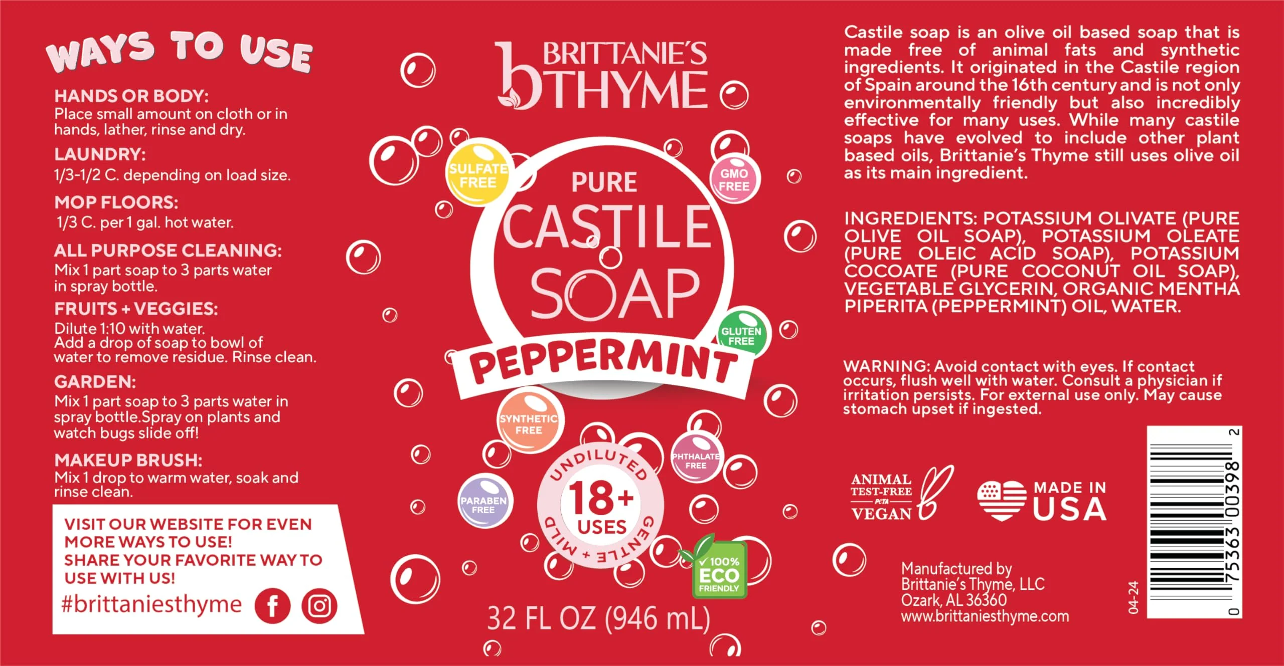 Brittanie's Pure Castile Liquid Soap Peppermint – 2 Pack (32oz Each) | Natural, Organic, Multi-Purpose Soap for Body, Face, Home & Pets | Vegan, Sulfate-Free, Made in USA - Image 4