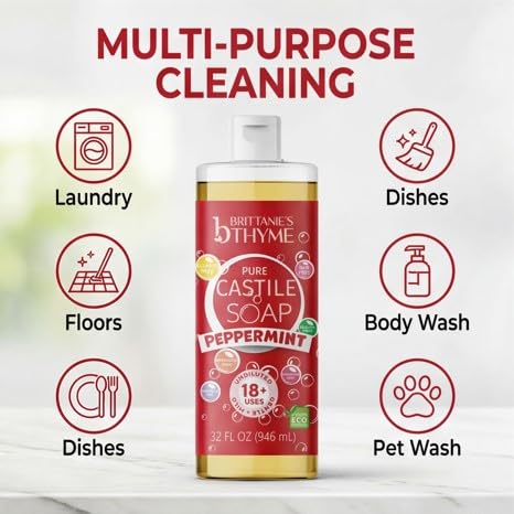 Brittanie's Pure Castile Liquid Soap Peppermint – 2 Pack (32oz Each) | Natural, Organic, Multi-Purpose Soap for Body, Face, Home & Pets | Vegan, Sulfate-Free, Made in USA - Image 7