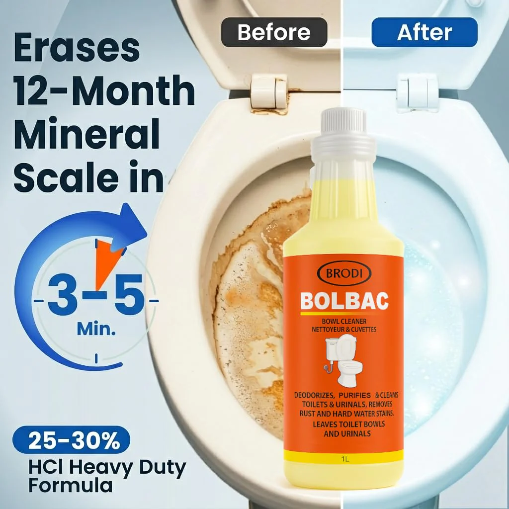 Brodi BolBac Heavy Duty Toilet Bowl Cleaner, High-Power 25-30% HCI Formula, Fast Lime & Rust Removal, Fixture-Safe, Removes Odor-Causing Build-Up (Pack of 1) - Image 7