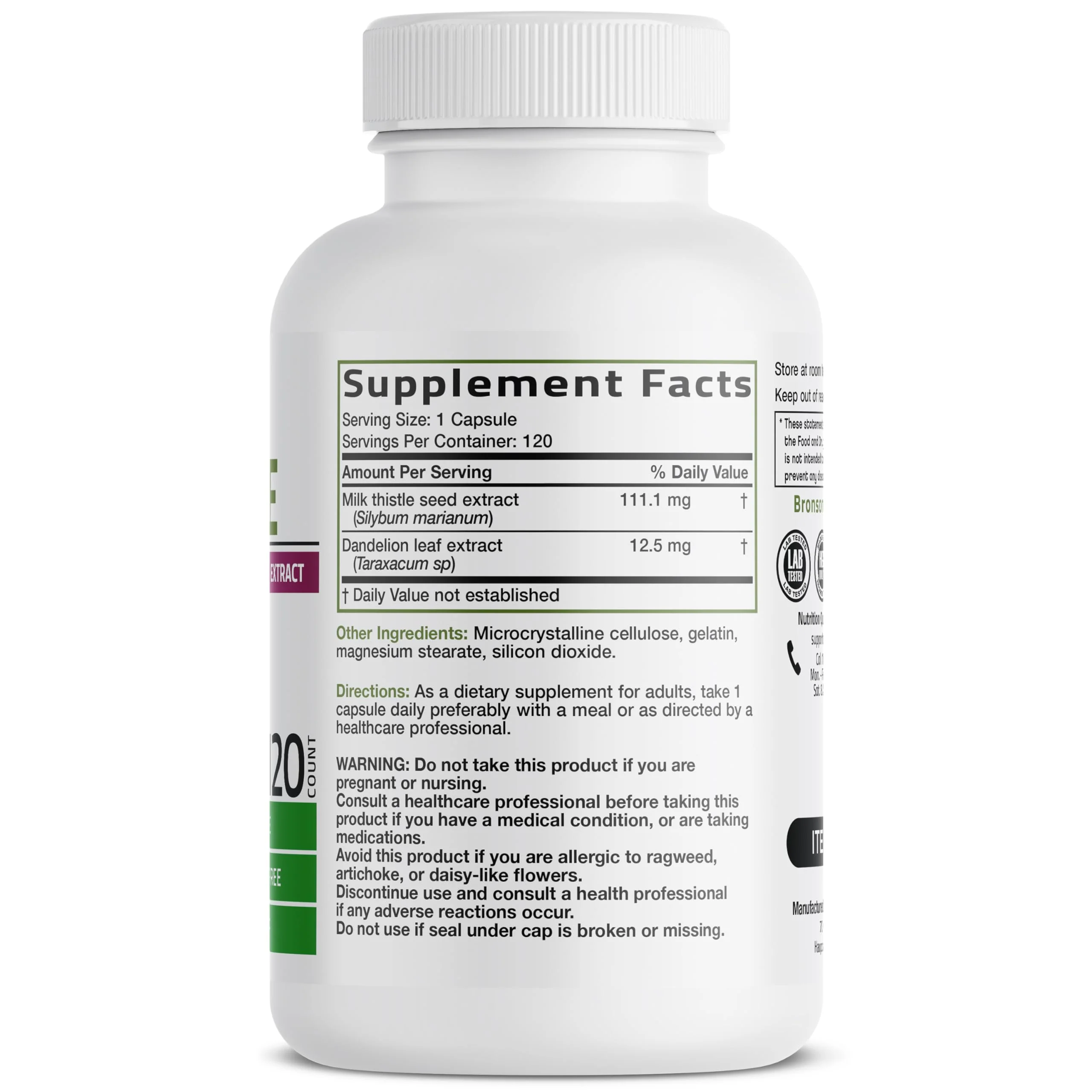 Bronson Milk Thistle Silymarin Marianum & Dandelion Extract Liver Health Support, Antioxidant Support, Detox, 120 Capsules - Image 2