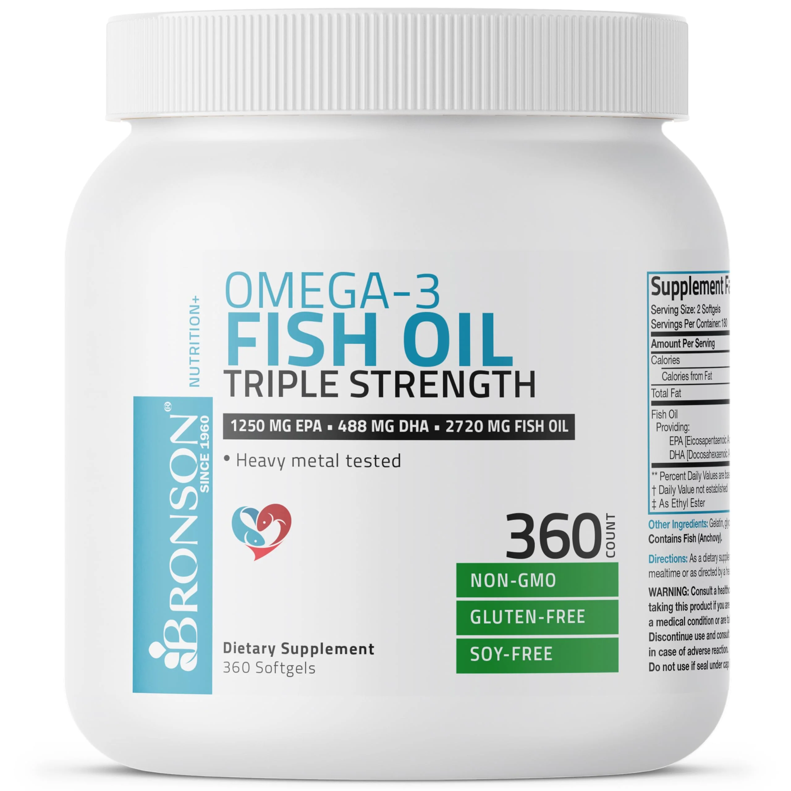 Bronson Omega 3 Fish Oil Triple Strength 2720 mg, High EPA 1250 mg DHA 488 mg, Non-GMO Heavy Metal Tested, 360 Softgels - Image 4