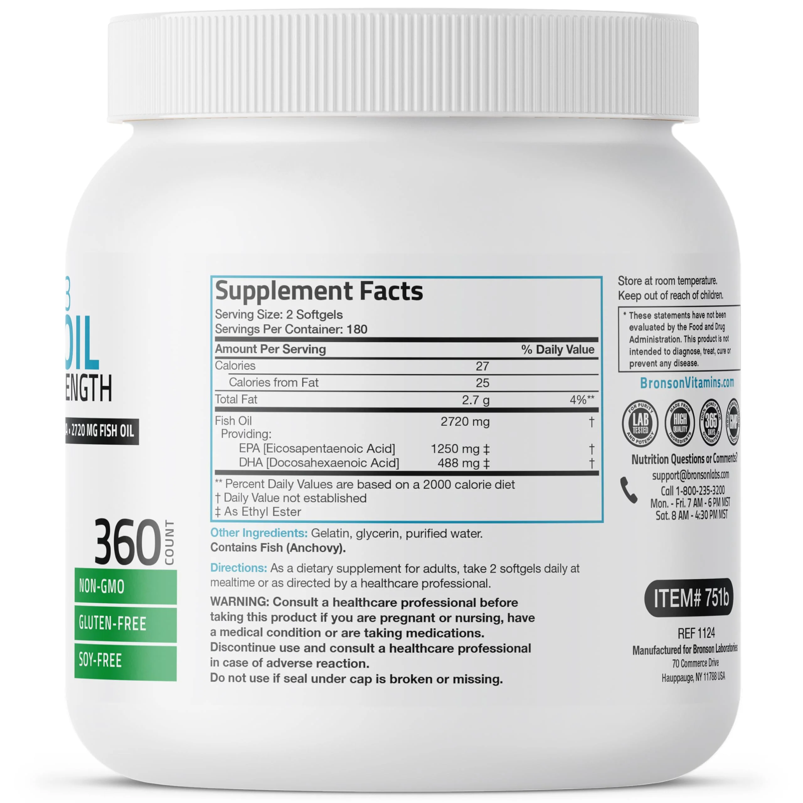 Bronson Omega 3 Fish Oil Triple Strength 2720 mg, High EPA 1250 mg DHA 488 mg, Non-GMO Heavy Metal Tested, 360 Softgels - Image 5