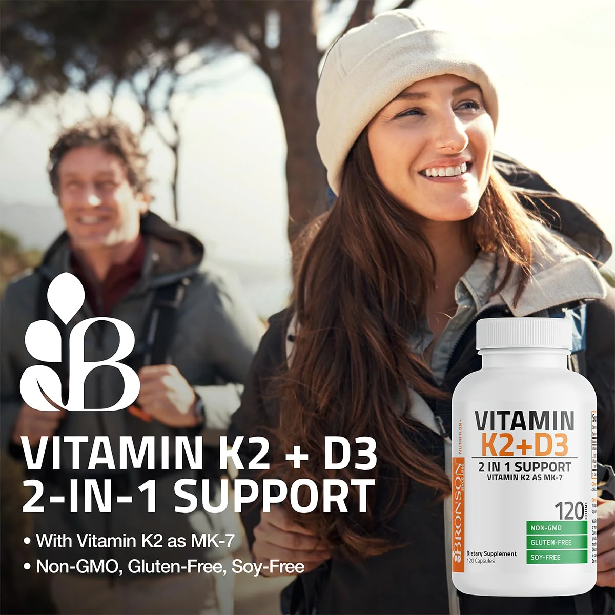 Bronson Vitamin K2 D3 (MK7) Supplement Non-GMO Formula Vitamin D3 5000IU (125 mcg) & 90 mcg K2 MK-7, Easy to Swallow D & K Complex, 60 Capsules - Image 3