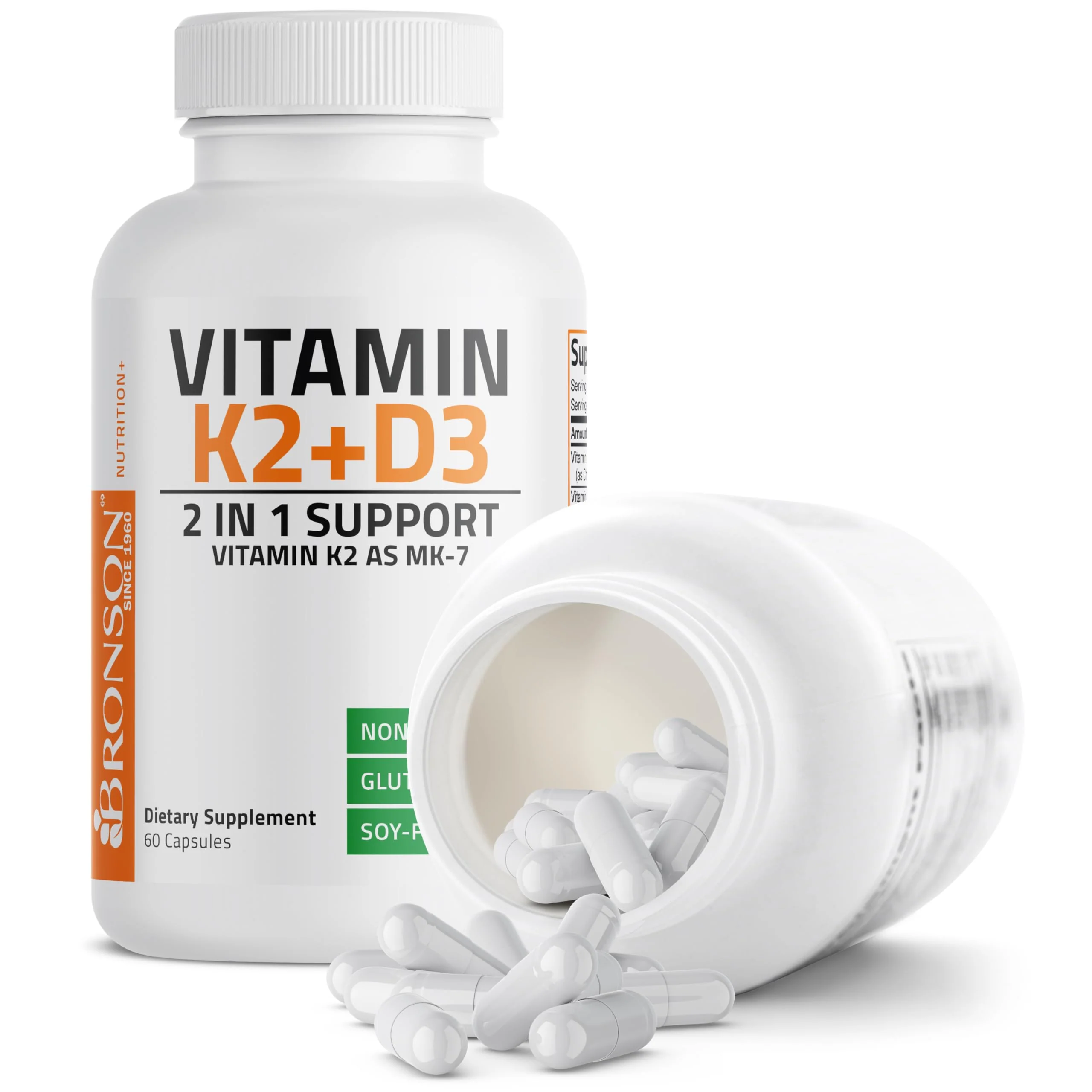 Bronson Vitamin K2 D3 (MK7) Supplement Non-GMO Formula Vitamin D3 5000IU (125 mcg) & 90 mcg K2 MK-7, Easy to Swallow D & K Complex, 60 Capsules - Image 6