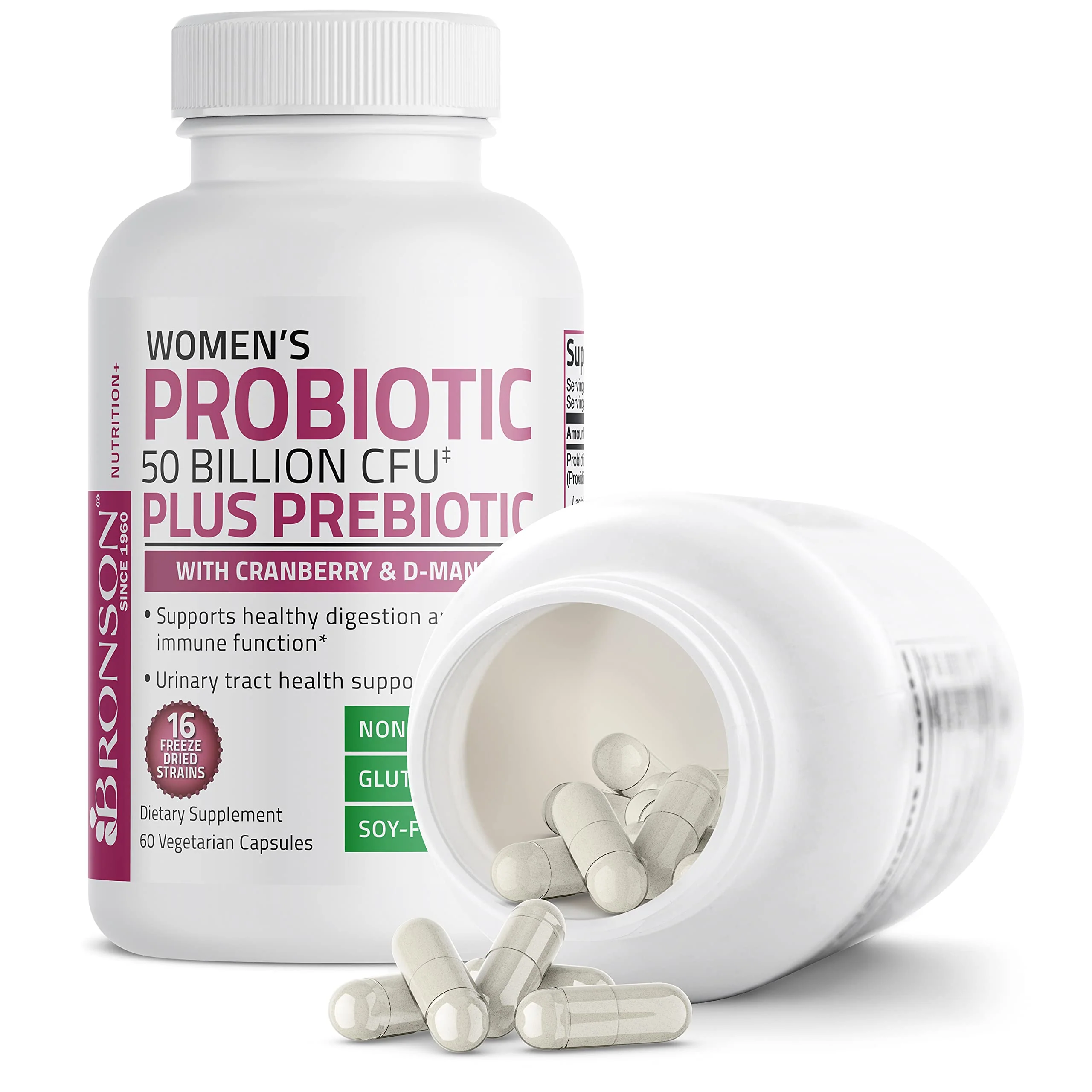 Bronson Women's Probiotic 50 Billion CFU + Prebiotic with Cranberry & D-Mannose – Vaginal Health, Healthy Digestion, Immune Function and Urinary Tract Support, Non-GMO, 60 Vegetarian Capsules - Image 4