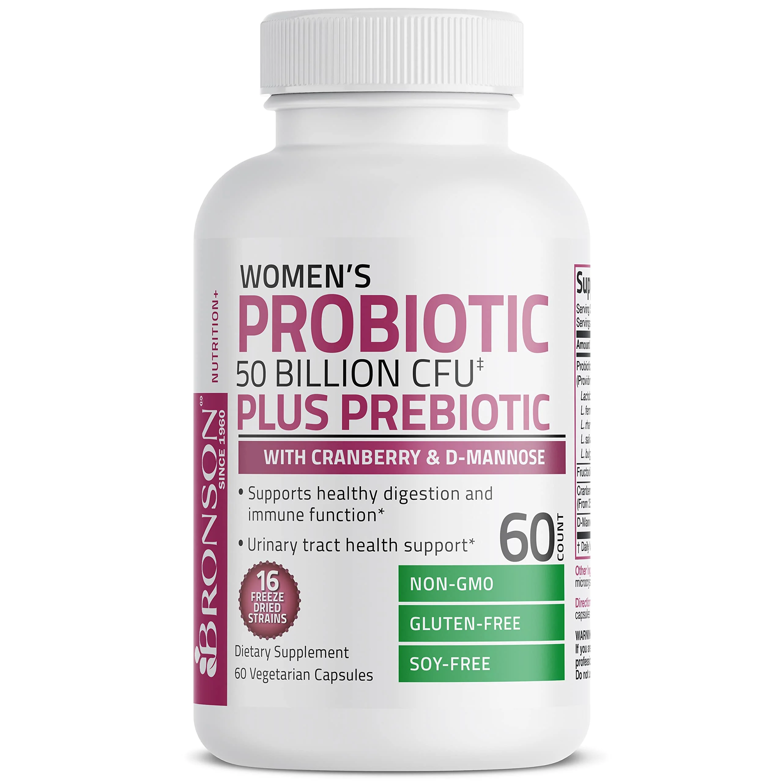 Bronson Women's Probiotic 50 Billion CFU + Prebiotic with Cranberry & D-Mannose – Vaginal Health, Healthy Digestion, Immune Function and Urinary Tract Support, Non-GMO, 60 Vegetarian Capsules - Image 5