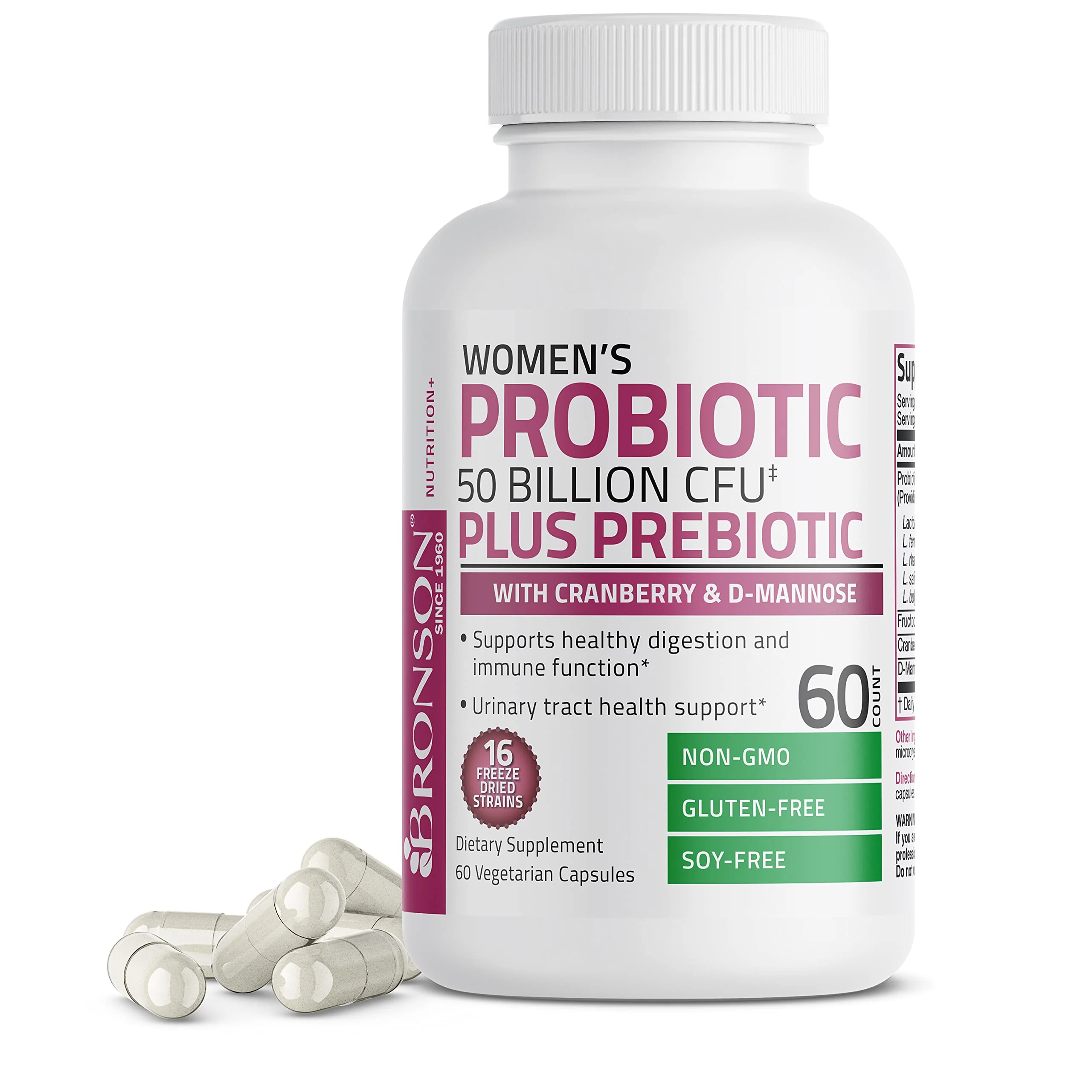 Bronson Women's Probiotic 50 Billion CFU + Prebiotic with Cranberry & D-Mannose – Vaginal Health, Healthy Digestion, Immune Function and Urinary Tract Support, Non-GMO, 60 Vegetarian Capsules - Image 6