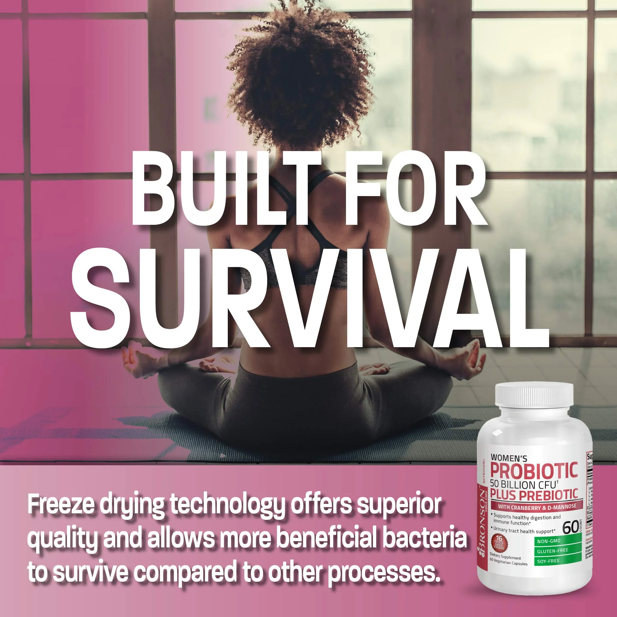 Bronson Women's Probiotic 50 Billion CFU + Prebiotic with Cranberry & D-Mannose – Vaginal Health, Healthy Digestion, Immune Function and Urinary Tract Support, Non-GMO, 60 Vegetarian Capsules - Image 7