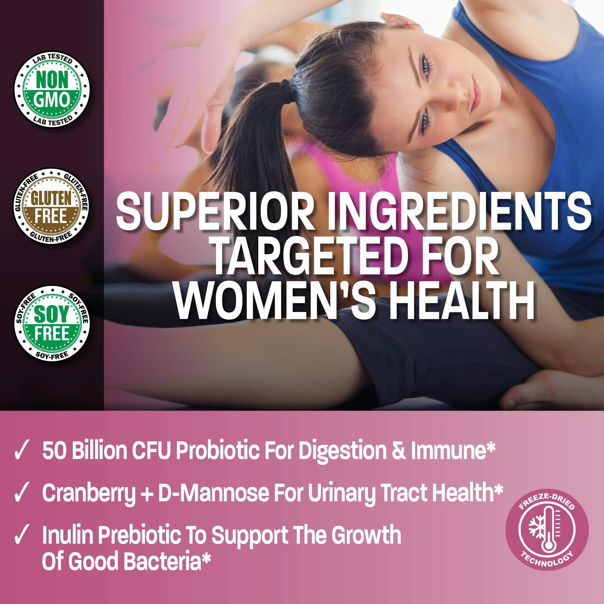 Bronson Women's Probiotic 50 Billion CFU + Prebiotic with Cranberry & D-Mannose – Vaginal Health, Healthy Digestion, Immune Function and Urinary Tract Support, Non-GMO, 60 Vegetarian Capsules - Image 8