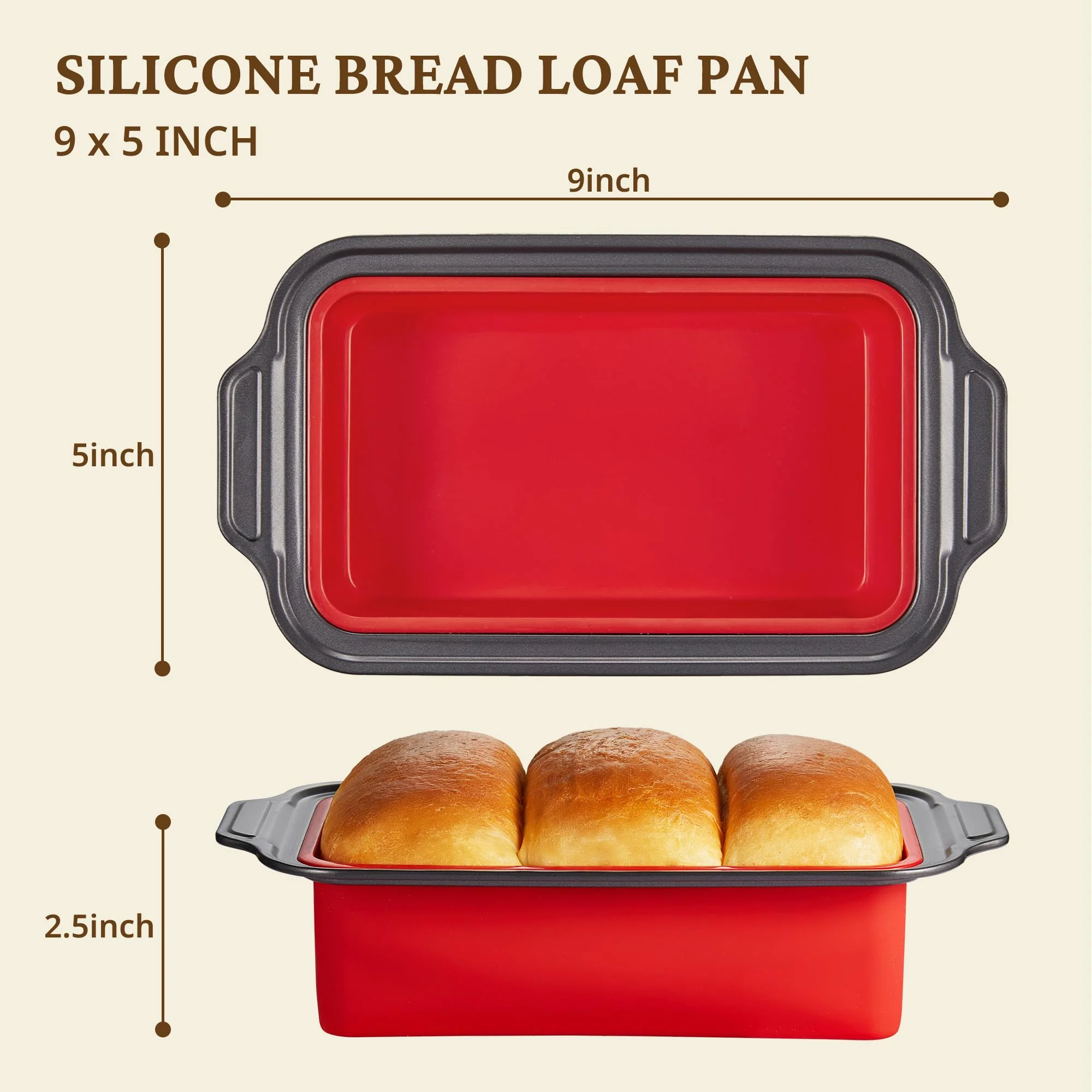 BRONYPRO 9x5 Inch Non-Stick Bread Loaf Pan,Non-Toxic Silicone Baking Mold For Homemade Bread,Heavy-Duty Steel Frame,Dishwasher Safe-Red - Image 3