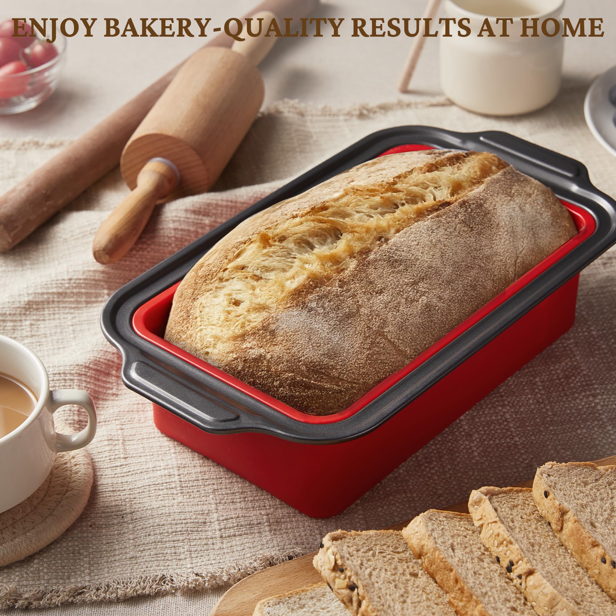 BRONYPRO 9x5 Inch Non-Stick Bread Loaf Pan,Non-Toxic Silicone Baking Mold For Homemade Bread,Heavy-Duty Steel Frame,Dishwasher Safe-Red - Image 6