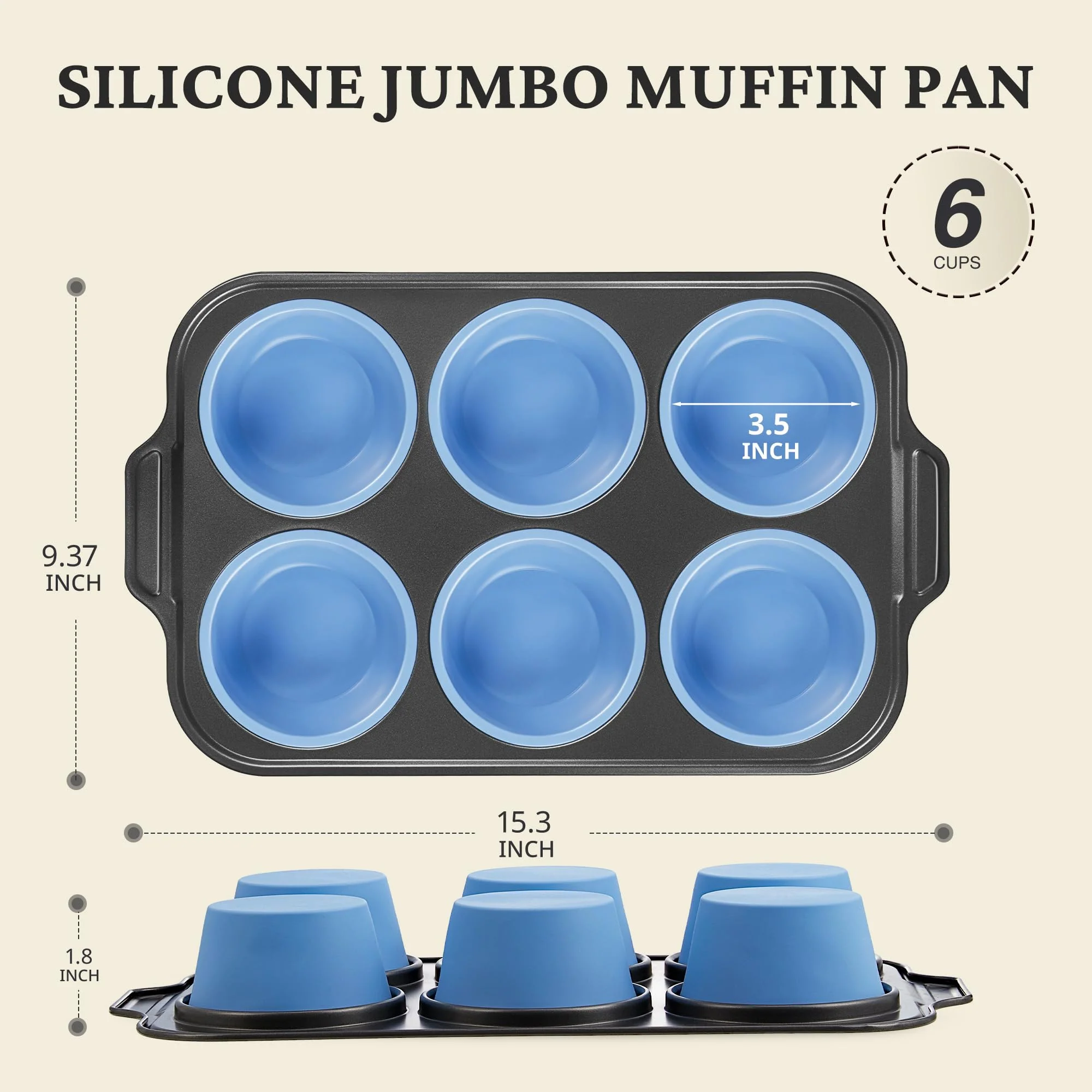 BRONYPRO Jumbo Silicone Muffin Pan with Metal Frame, 3.5" Large Muffin Tins, Non-Toxic Food Grade Silicone, Non-Stick for Egg Bites & Big Cupcakes, Oven Safe, Blue - Image 2