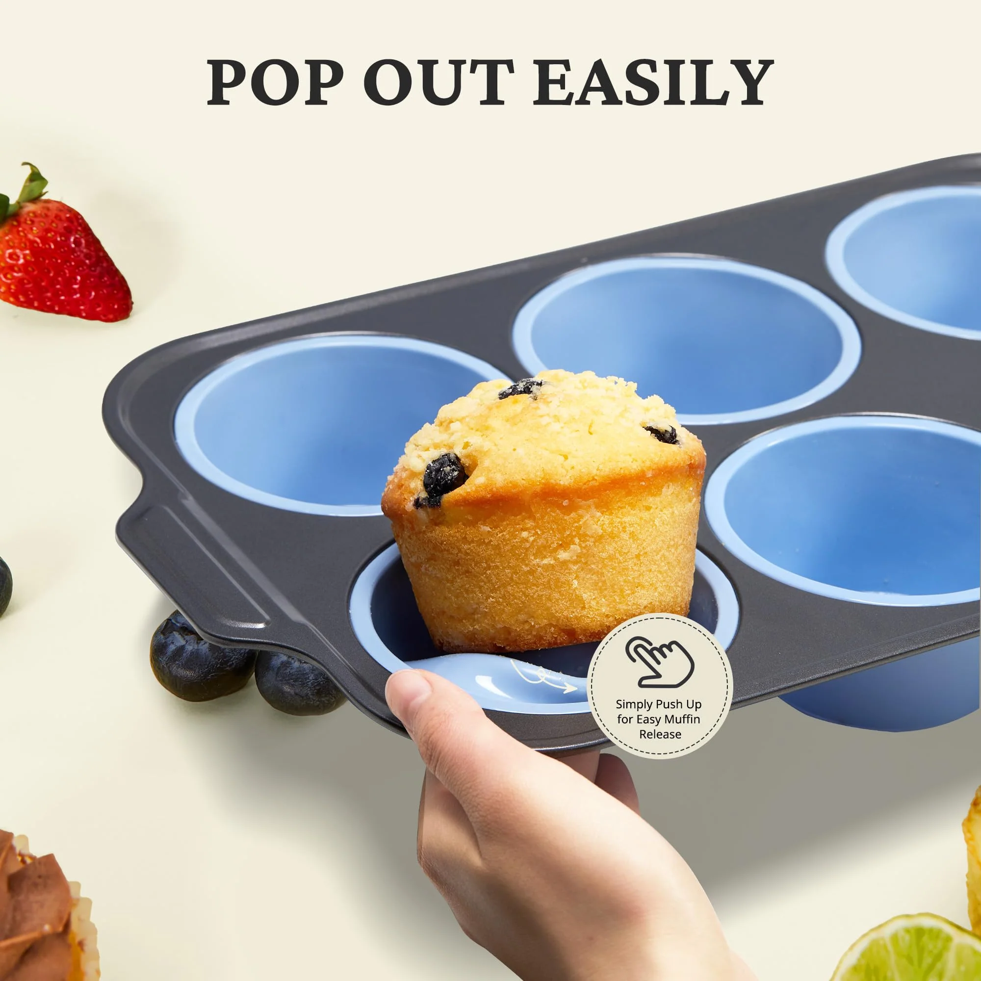 BRONYPRO Jumbo Silicone Muffin Pan with Metal Frame, 3.5" Large Muffin Tins, Non-Toxic Food Grade Silicone, Non-Stick for Egg Bites & Big Cupcakes, Oven Safe, Blue - Image 5