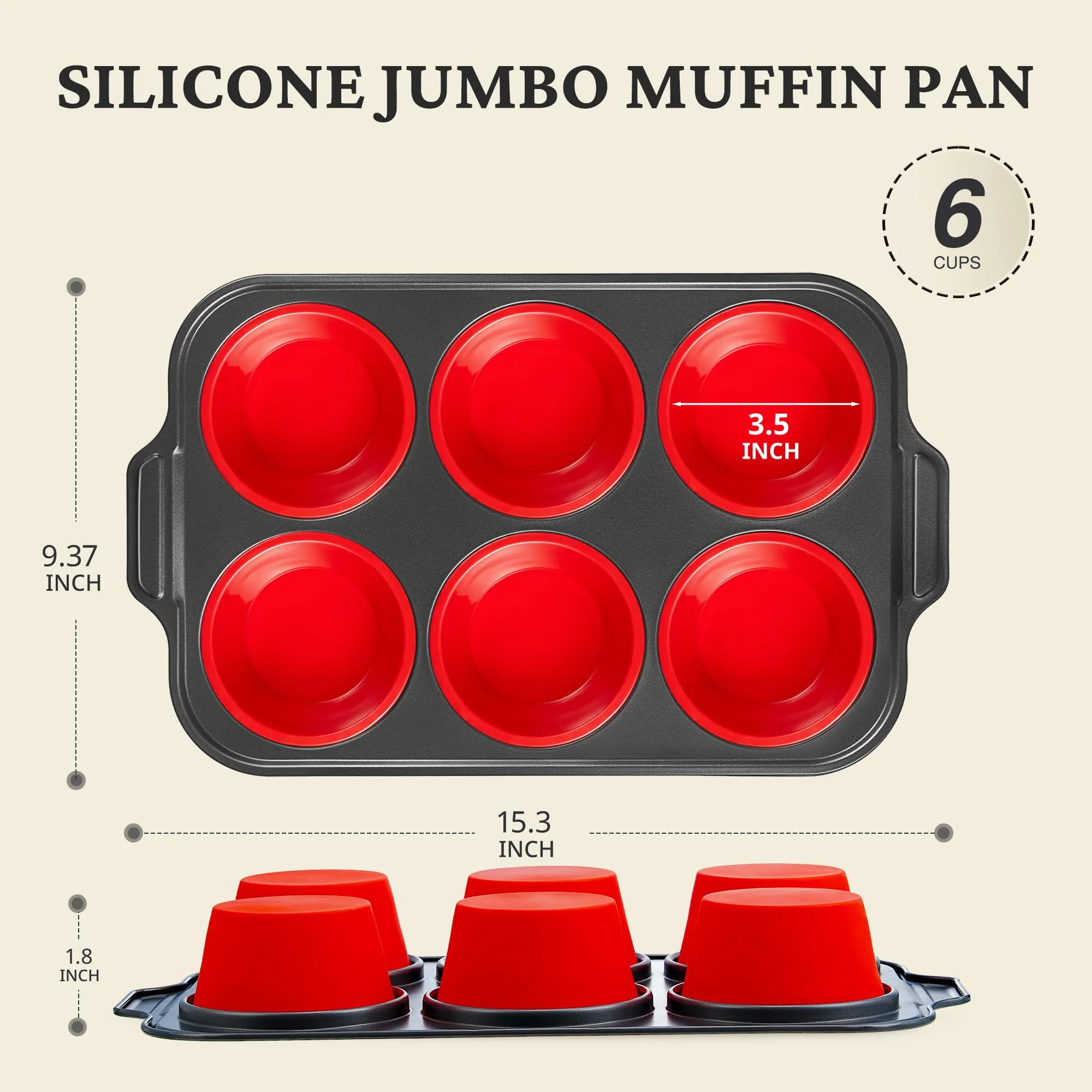 BRONYPRO Jumbo Silicone Muffin Pan with Metal Frame, 3.5" Large Muffin Tins, Non-Toxic Food Grade Silicone, Non-Stick for Egg Bites & Big Cupcakes, Oven Safe, Red - Image 2