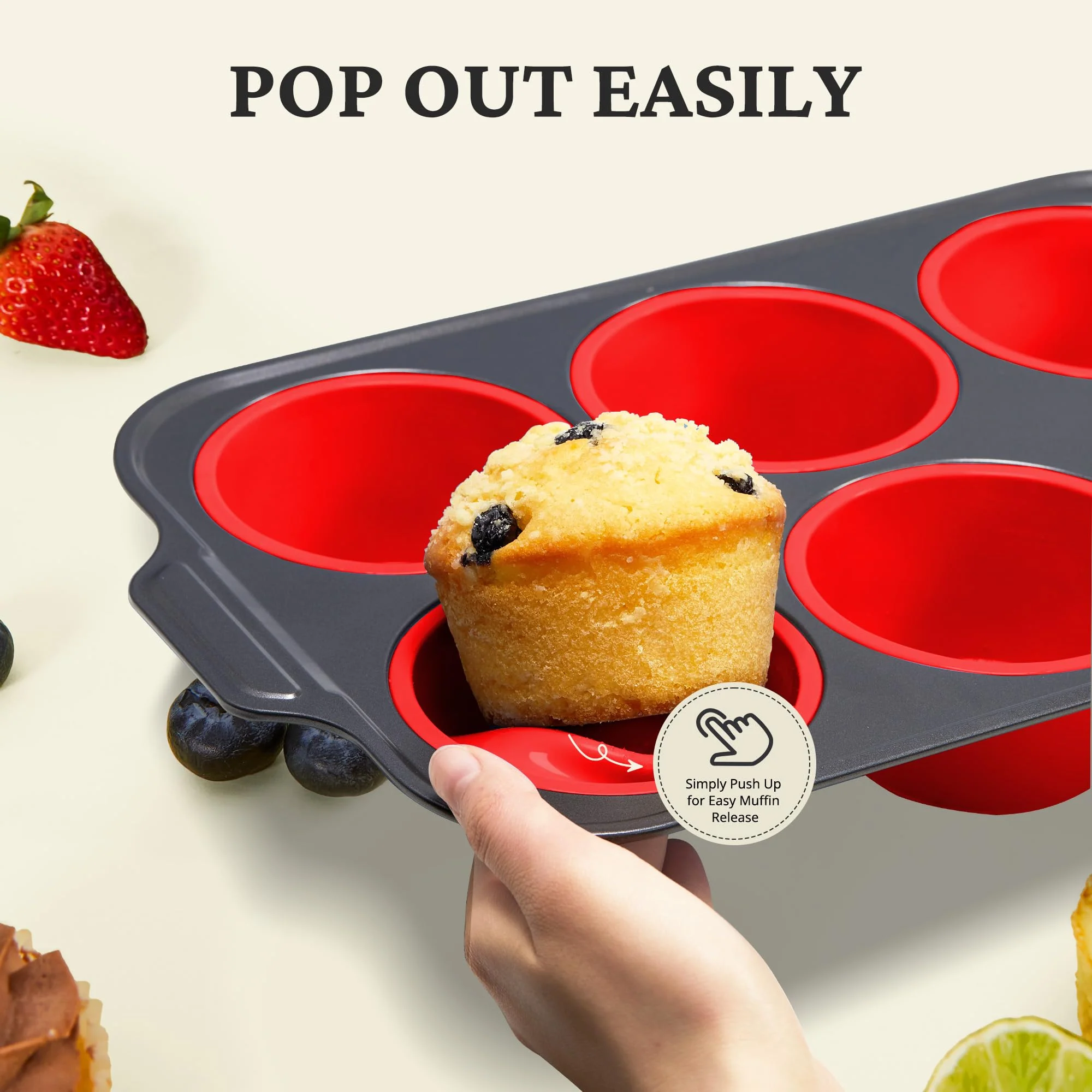 BRONYPRO Jumbo Silicone Muffin Pan with Metal Frame, 3.5" Large Muffin Tins, Non-Toxic Food Grade Silicone, Non-Stick for Egg Bites & Big Cupcakes, Oven Safe, Red - Image 5