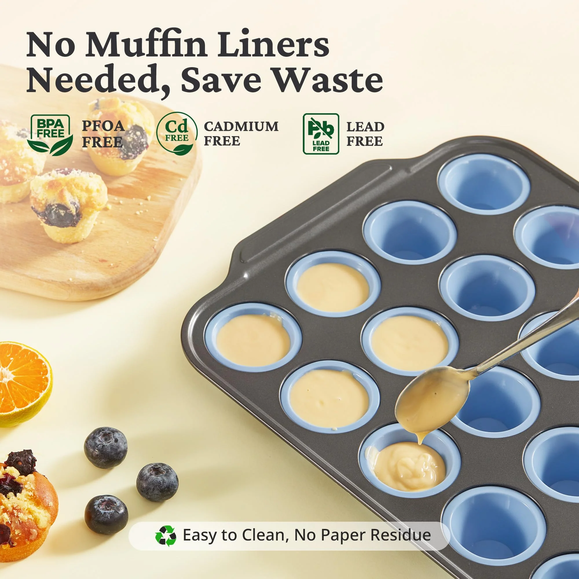 BRONYPRO Silicone Mini Muffin Pan with Metal Frame, Egg Bite Molds for Baking,Cupcake Pan 24 Regular Size, Mini Muffin Tin Easy to Pop Nonstick Non Toxic Bakeware for Oven,Blue - Image 3