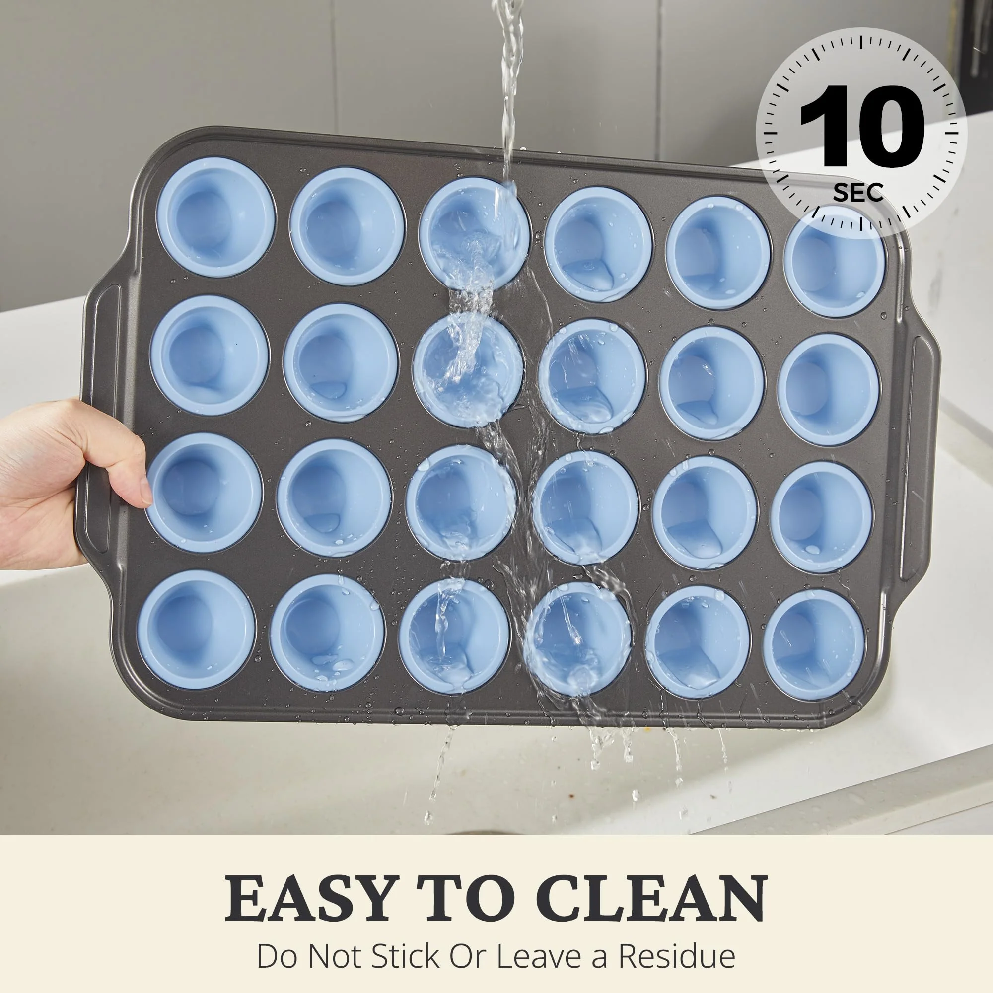 BRONYPRO Silicone Mini Muffin Pan with Metal Frame, Egg Bite Molds for Baking,Cupcake Pan 24 Regular Size, Mini Muffin Tin Easy to Pop Nonstick Non Toxic Bakeware for Oven,Blue - Image 4