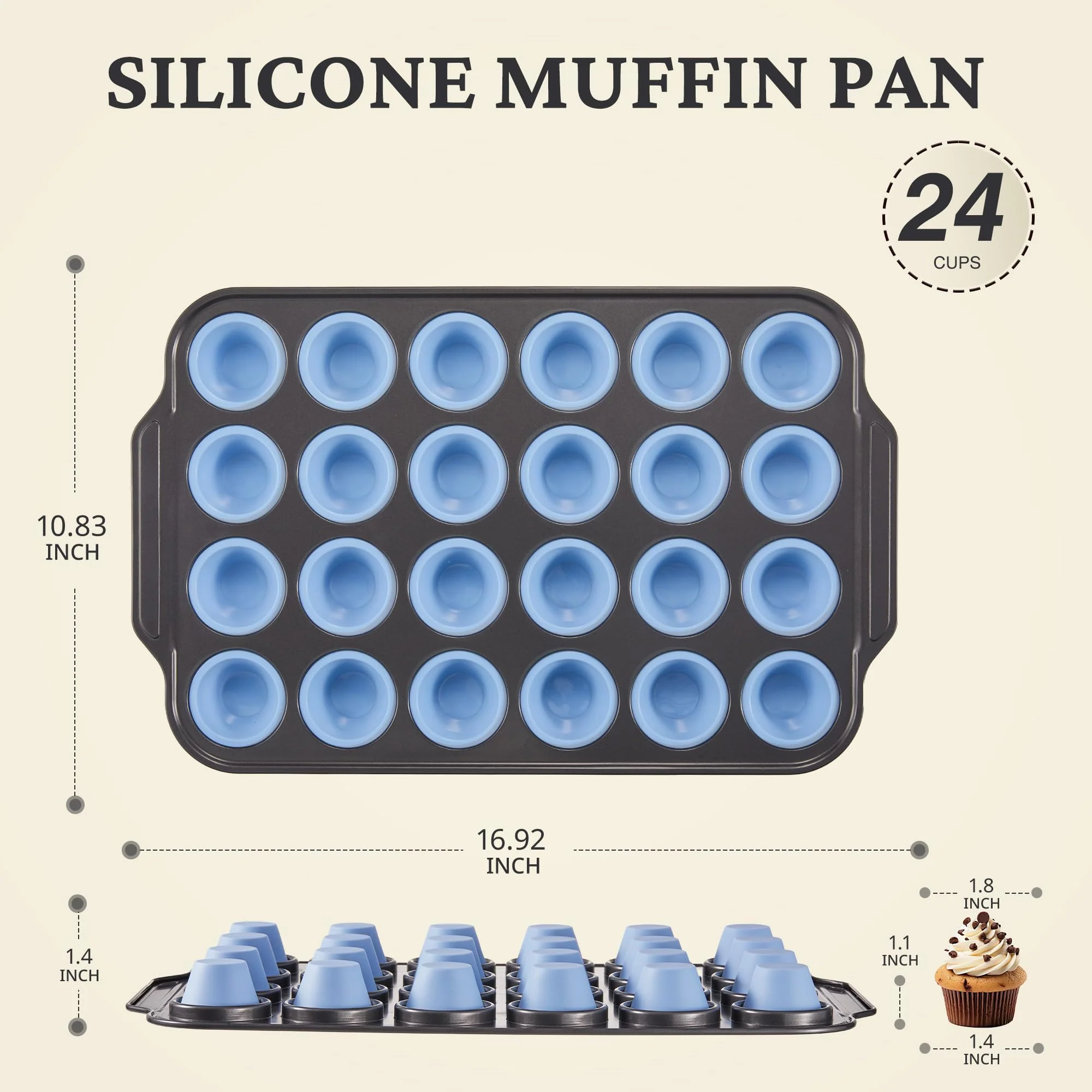 BRONYPRO Silicone Mini Muffin Pan with Metal Frame, Egg Bite Molds for Baking,Cupcake Pan 24 Regular Size, Mini Muffin Tin Easy to Pop Nonstick Non Toxic Bakeware for Oven,Blue - Image 6