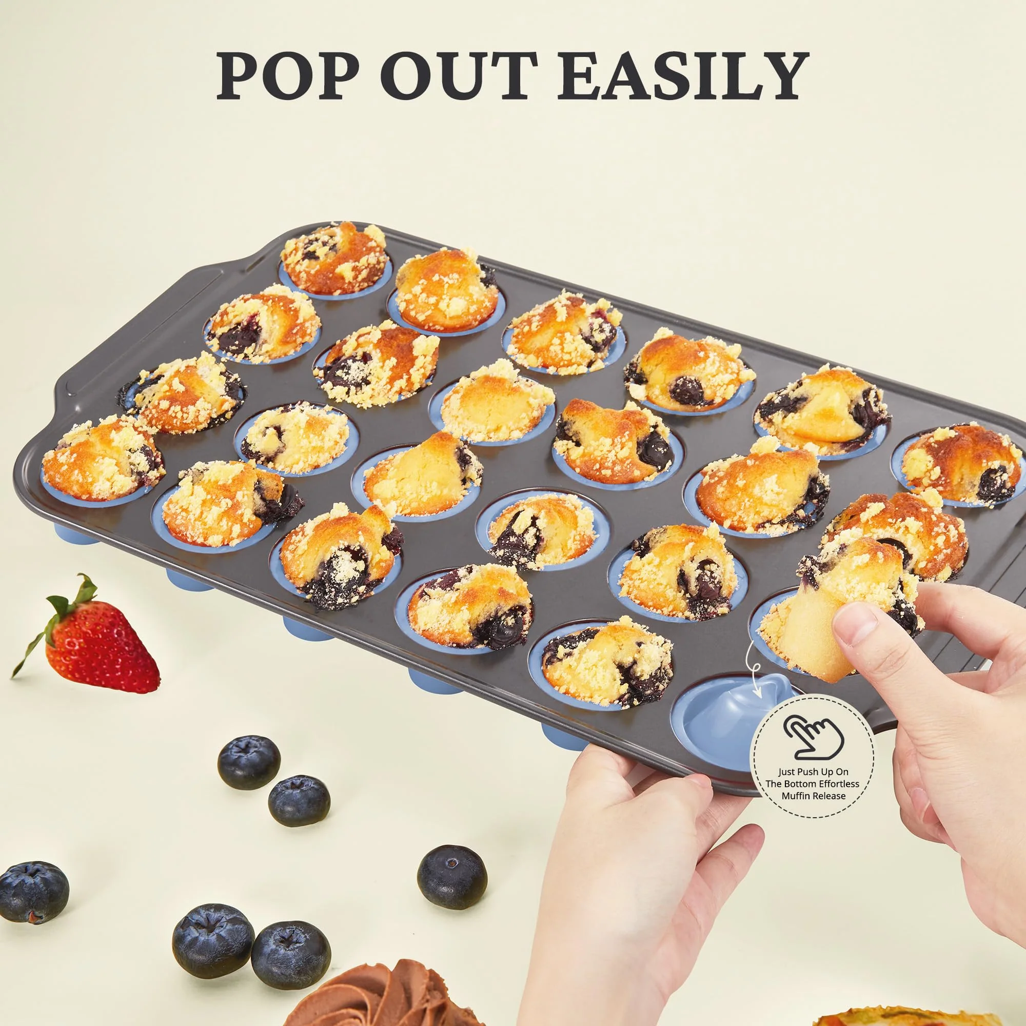 BRONYPRO Silicone Mini Muffin Pan with Metal Frame, Egg Bite Molds for Baking,Cupcake Pan 24 Regular Size, Mini Muffin Tin Easy to Pop Nonstick Non Toxic Bakeware for Oven,Blue - Image 7