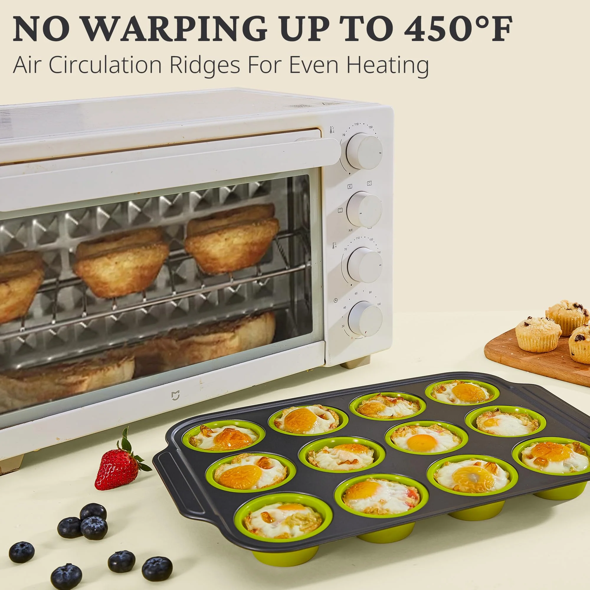 BRONYPRO Silicone Muffin Pans for Baking with Metal Frame, Egg Bite Maker Silicone Molds, Cupcake Pans 12 Regular Size, Muffin Tins Easy to Pop Nonstick Non Toxic Bakeware for Oven, Lime Green - Image 2