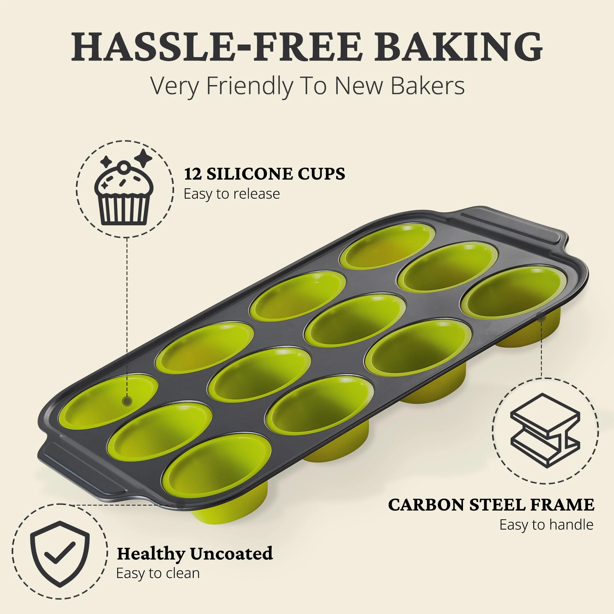 BRONYPRO Silicone Muffin Pans for Baking with Metal Frame, Egg Bite Maker Silicone Molds, Cupcake Pans 12 Regular Size, Muffin Tins Easy to Pop Nonstick Non Toxic Bakeware for Oven, Lime Green - Image 3