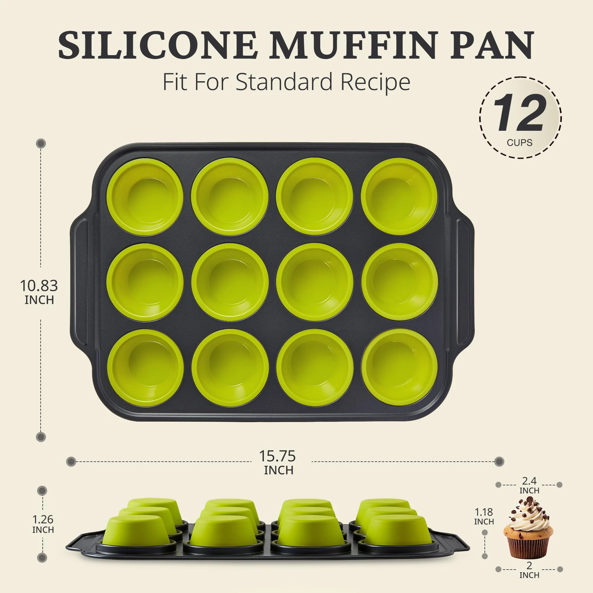BRONYPRO Silicone Muffin Pans for Baking with Metal Frame, Egg Bite Maker Silicone Molds, Cupcake Pans 12 Regular Size, Muffin Tins Easy to Pop Nonstick Non Toxic Bakeware for Oven, Lime Green - Image 4