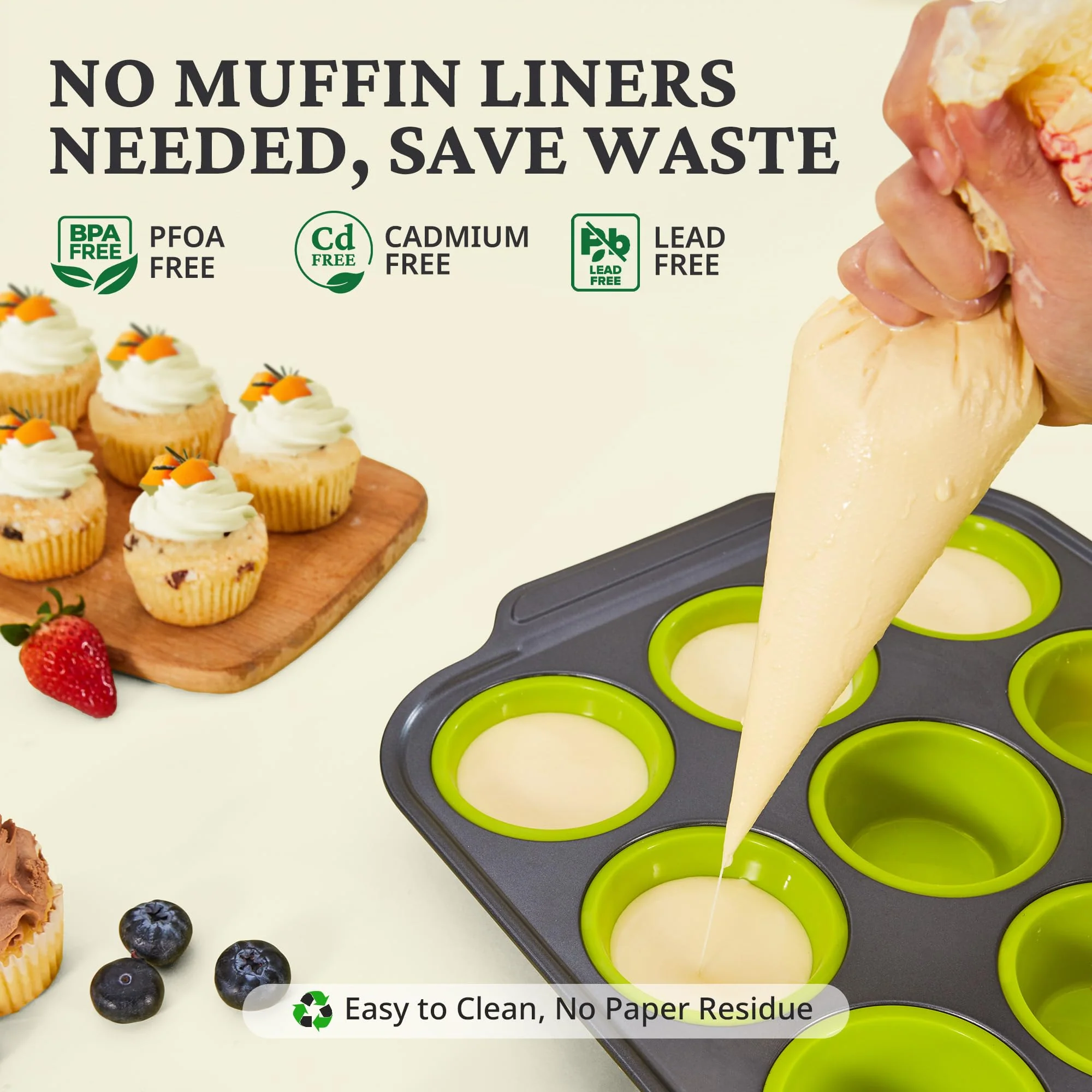 BRONYPRO Silicone Muffin Pans for Baking with Metal Frame, Egg Bite Maker Silicone Molds, Cupcake Pans 12 Regular Size, Muffin Tins Easy to Pop Nonstick Non Toxic Bakeware for Oven, Lime Green - Image 5