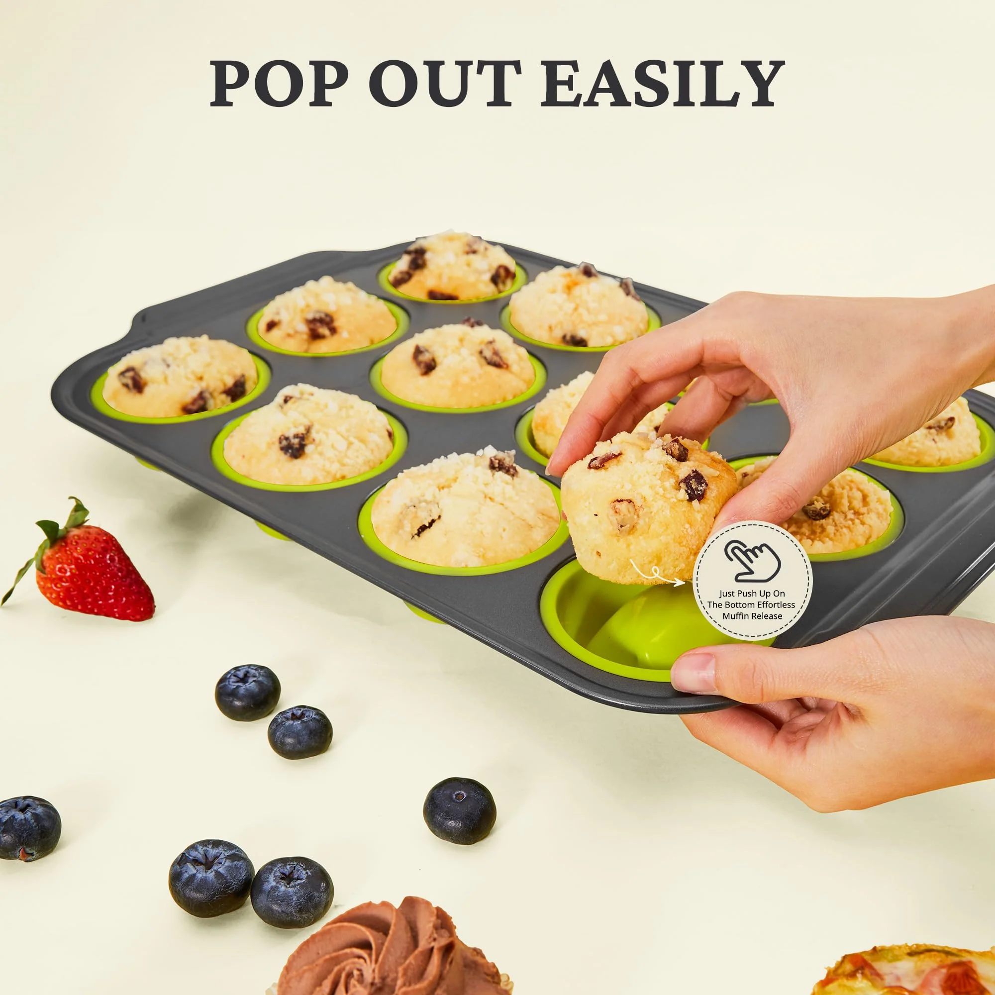 BRONYPRO Silicone Muffin Pans for Baking with Metal Frame, Egg Bite Maker Silicone Molds, Cupcake Pans 12 Regular Size, Muffin Tins Easy to Pop Nonstick Non Toxic Bakeware for Oven, Lime Green - Image 6