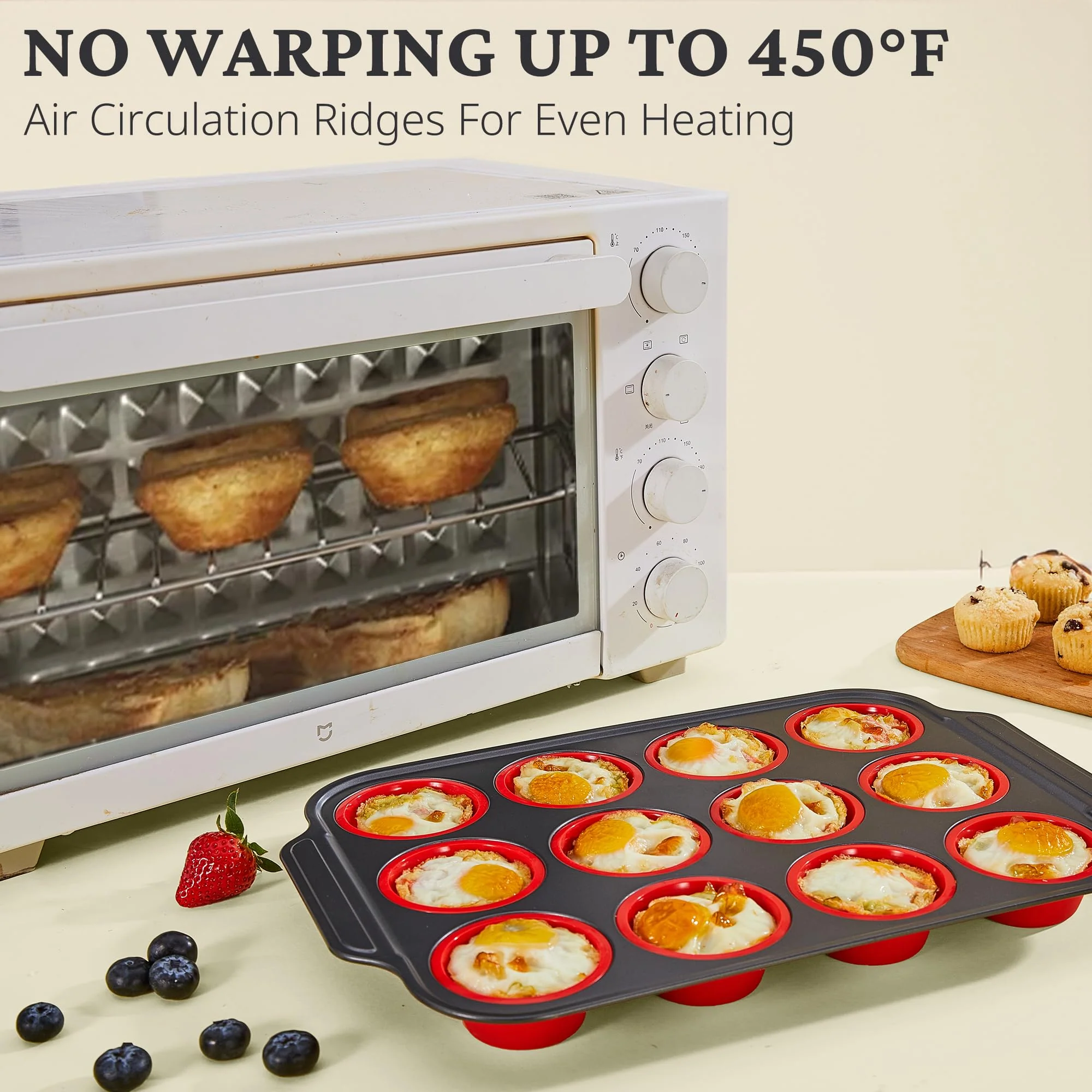 BRONYPRO Silicone Muffin Pans for Baking with Metal Frame, Egg Bite Molds, Cupcake Pans 12 Regular Size, Muffin Tins Easy to Pop Nonstick Non Toxic Bakeware for Oven, Red - Image 2