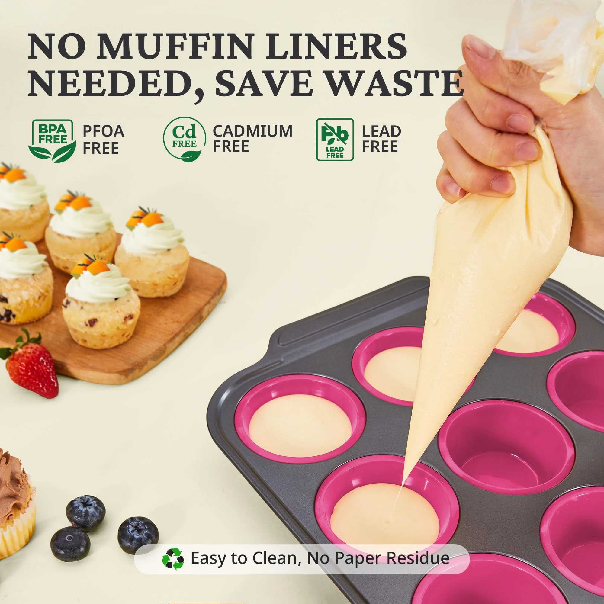 BRONYPRO Silicone Muffin Pans for Baking with Metal Frame, Egg Bite Molds, Cupcake Pans 12 Regular Size, Muffin Tins Easy to Pop Nonstick Non Toxic Bakeware for Oven,Rose Pink - Image 3
