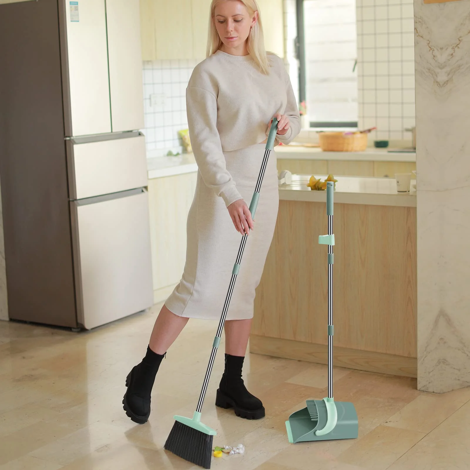 Broom and Dustpan Set for Home, Dust pan with Long Handle, Broom with Dustpan Combo Set, for Home Kitchen Room Office Lobby Floor Use Upright Stand Up Sweeping (Gray&Green) - Image 2