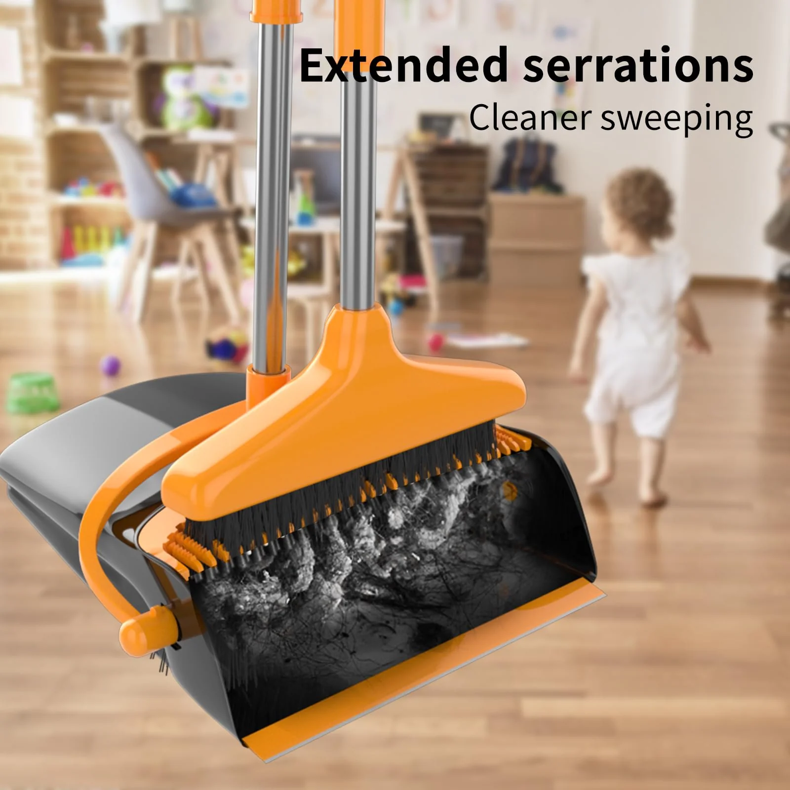 Broom and Dustpan Set for Home Long Handle (51" Length) Extendable Standing Dust Pan for Indoor Lobby Office Kitchen Cleaning (Black and Orange) - Image 7