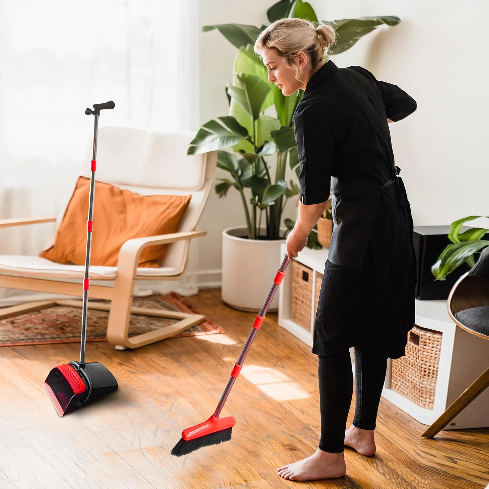Broom with Dustpan Combo Set 54" Long Handle Adjustable Length Stainless Steel Broomstick Standing Dust Pan and Broom Set for Office Home Kitchen Lobby Floor Cleaning (Red and Black) - Image 3