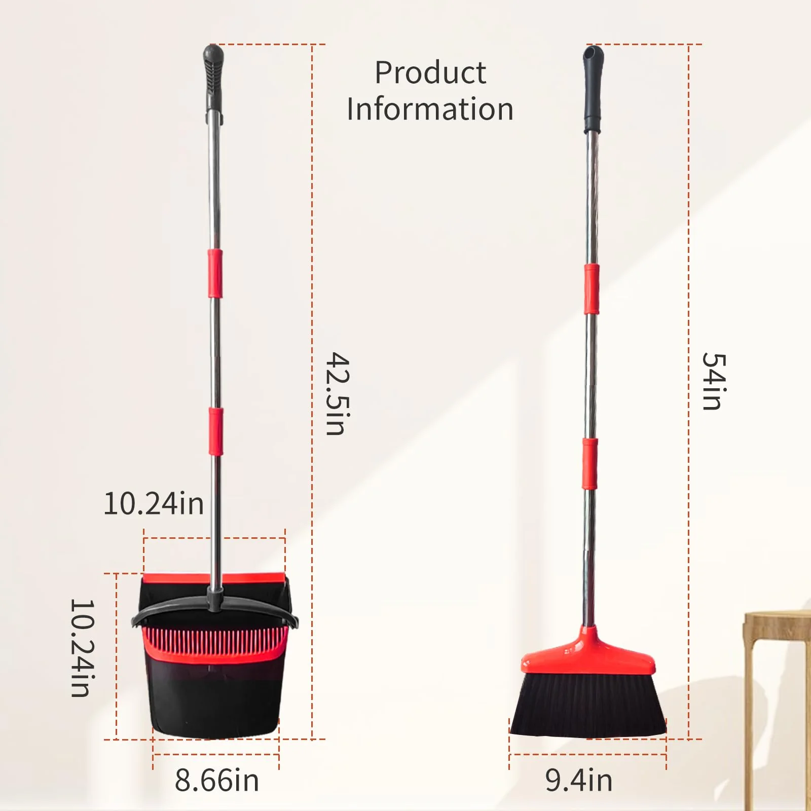 Broom with Dustpan Combo Set 54" Long Handle Adjustable Length Stainless Steel Broomstick Standing Dust Pan and Broom Set for Office Home Kitchen Lobby Floor Cleaning (Red and Black) - Image 6