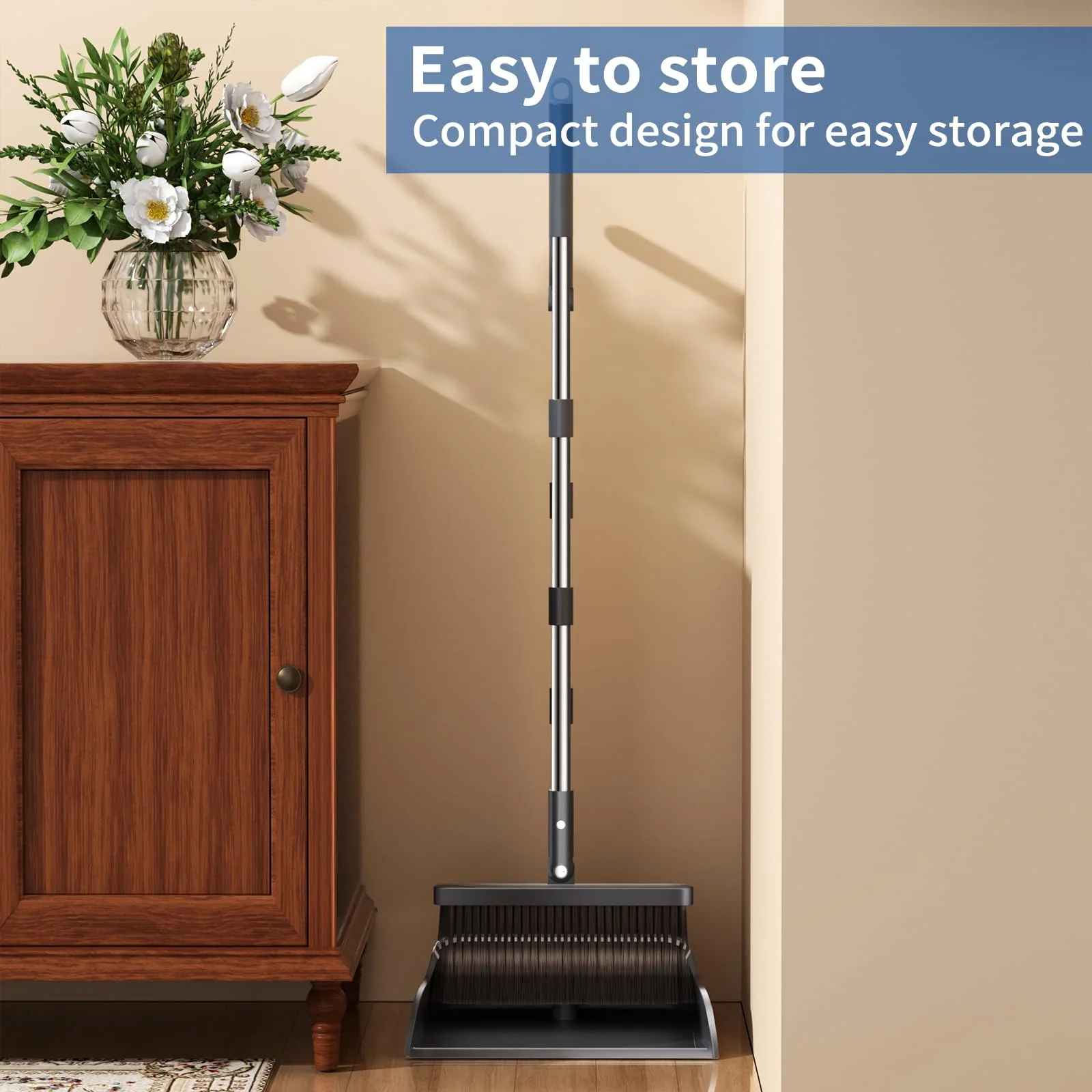 Broom with Dustpan Combo Set, Broom and Dustpan Set with 51.6" Long Handle & Two Broom Heads, Brooms with Dust Pan Teeth for Pet Hair, Indoor&Outdoor Sweeping, Home, Kitchen, Office - Image 2