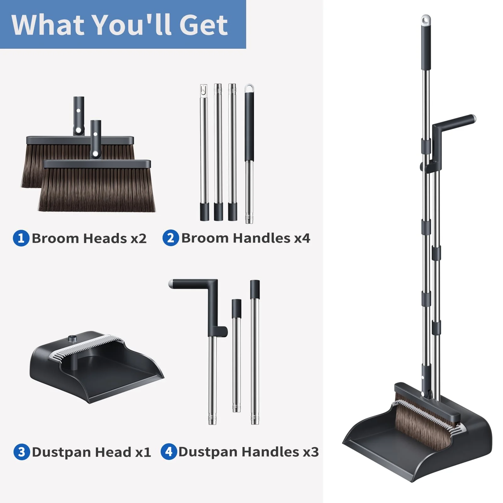 Broom with Dustpan Combo Set, Broom and Dustpan Set with 51.6" Long Handle & Two Broom Heads, Brooms with Dust Pan Teeth for Pet Hair, Indoor&Outdoor Sweeping, Home, Kitchen, Office - Image 3