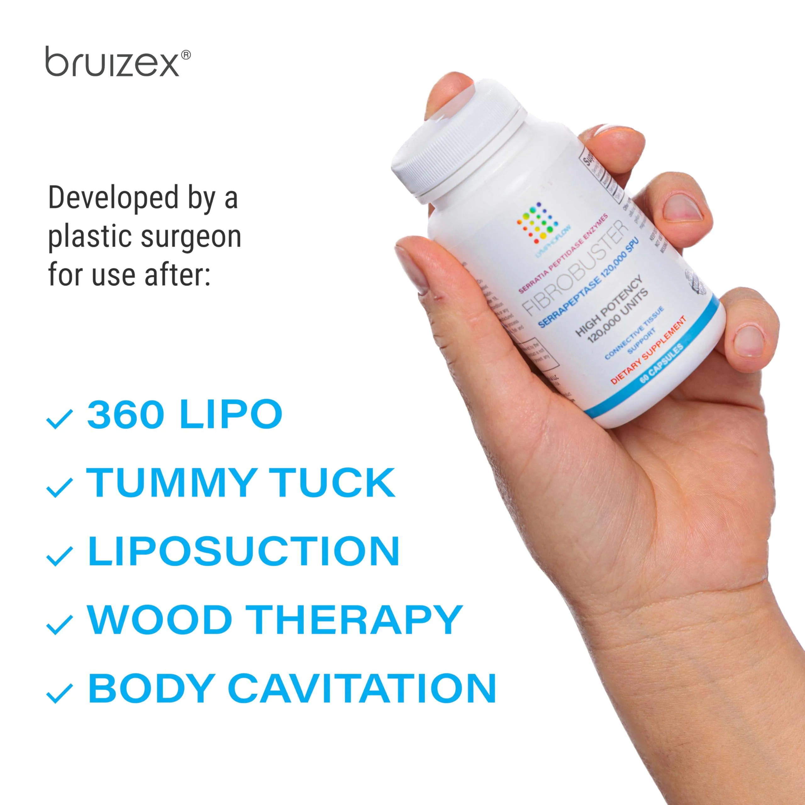 Bruizex FibroBuster Serrapeptase Proteolytic Enzymes 120,000 SPU I Fibrosis Care, Scar & Keloid Removal Supplement After 360 lipo, BBL, Liposuction, Tummy Tuck I Recovery & Immune Support I 60 caps - Image 4