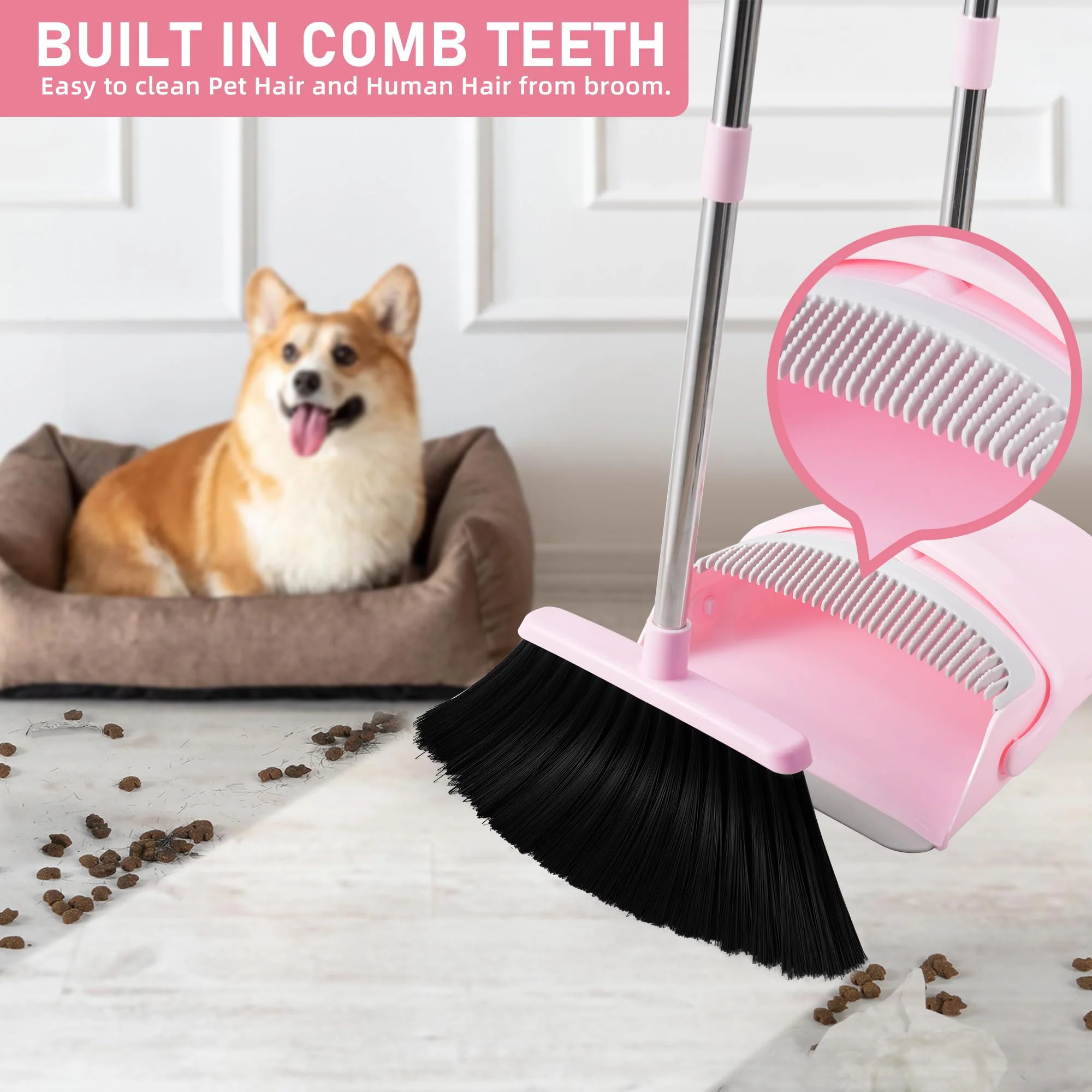 BSKLIN Broom and Dustpan Set House Brooms for Sweeping Indoor Collapsible Broom and Dust Pan Combo for Home Office Kitchen Lobby Floor Pet Hair (Pink) - Image 6