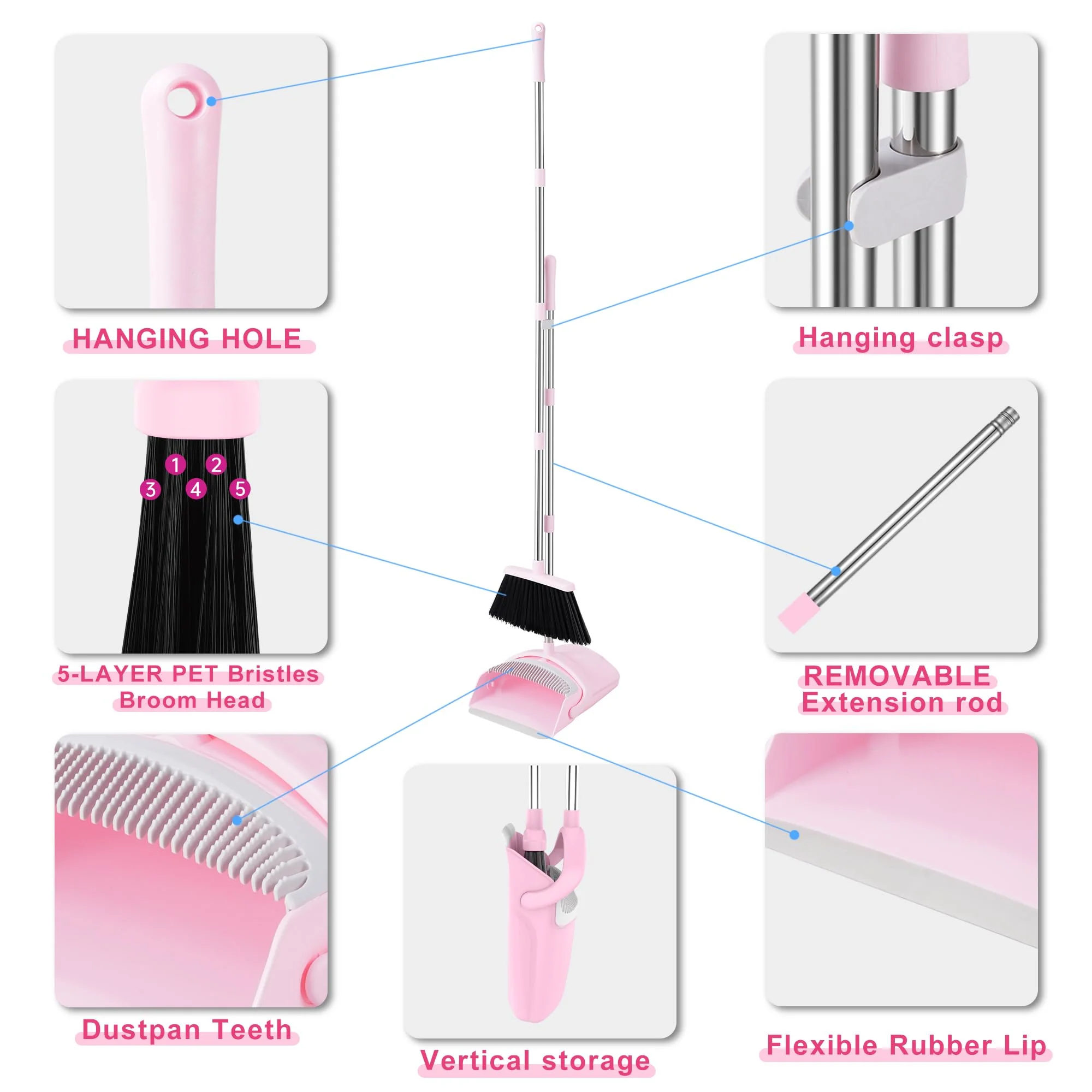 BSKLIN Broom and Dustpan Set House Brooms for Sweeping Indoor Collapsible Broom and Dust Pan Combo for Home Office Kitchen Lobby Floor Pet Hair (Pink) - Image 8