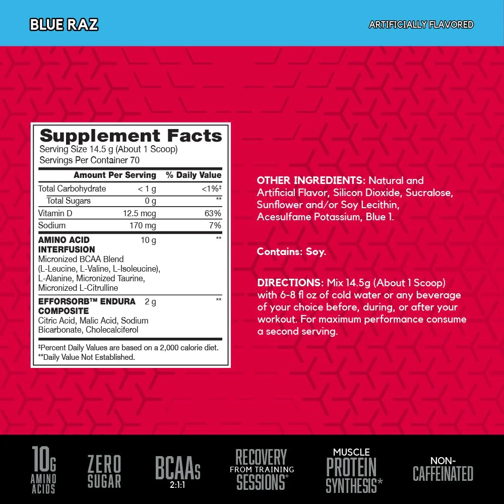 BSN Amino X Muscle Recovery & Endurance Powder with BCAAs, 10 Grams of Amino Acids, Keto Friendly, Caffeine-Free, Support Endurance, Zero Sugar, Blue Raz, 70 servings, 35.84 Ounce (Packaging May Vary) - Image 2