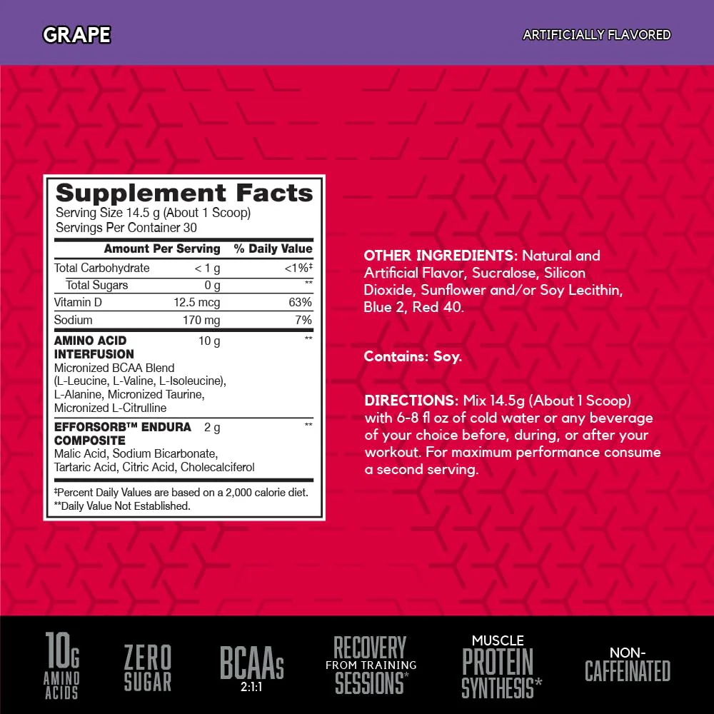 BSN Amino X Muscle Recovery & Endurance Powder with BCAAs, 10 Grams of Amino Acids, Keto Friendly, Caffeine-Free, Support Endurance, Zero Sugar, Grape, 30 servings, 15.34 Ounce (Packaging May Vary) - Image 2