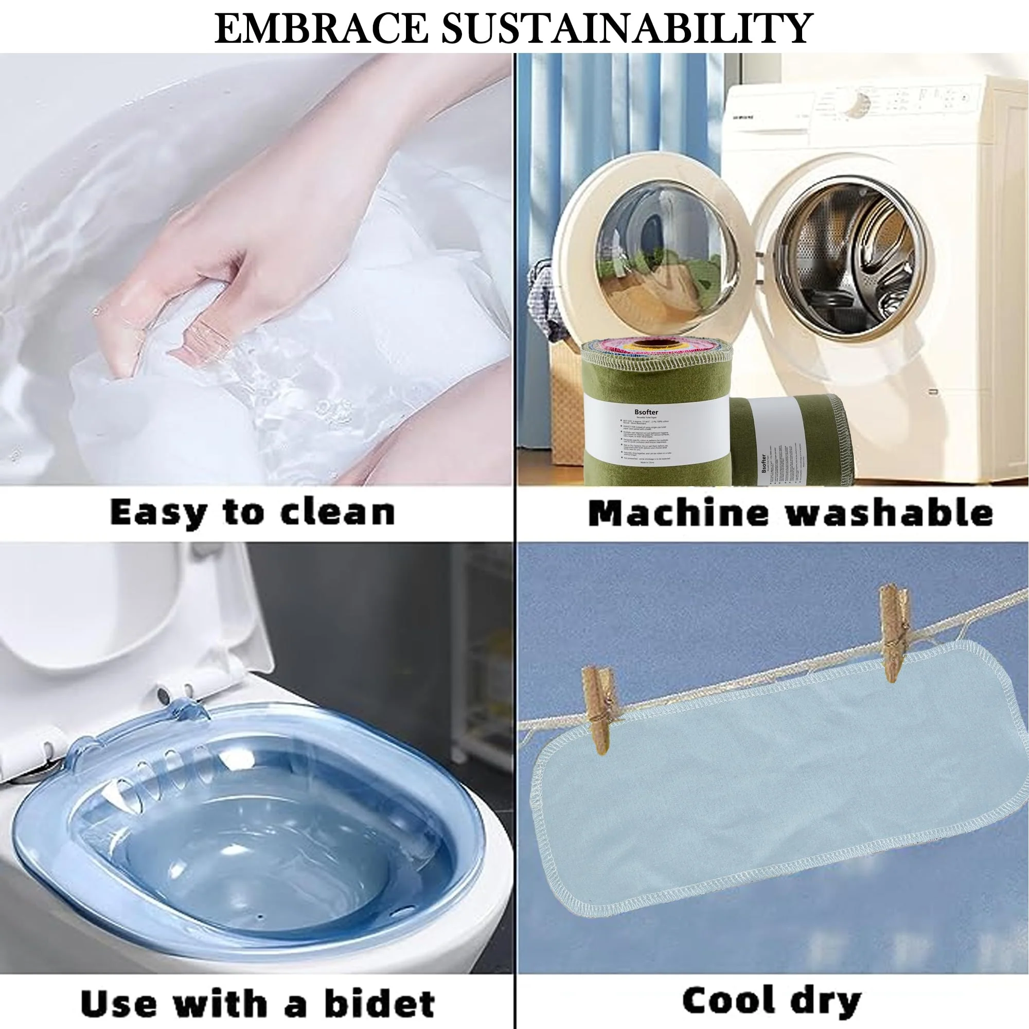 Bsofter Reusable Toilet Paper Rolls – 28 Pcs Reusable Washable Bidet Wipes,Cloth Bidet Towels,Toilet Tissue Camper RV Toilet Paper,Paperless Tp Reusable Baby Wipes Alternative - Image 4