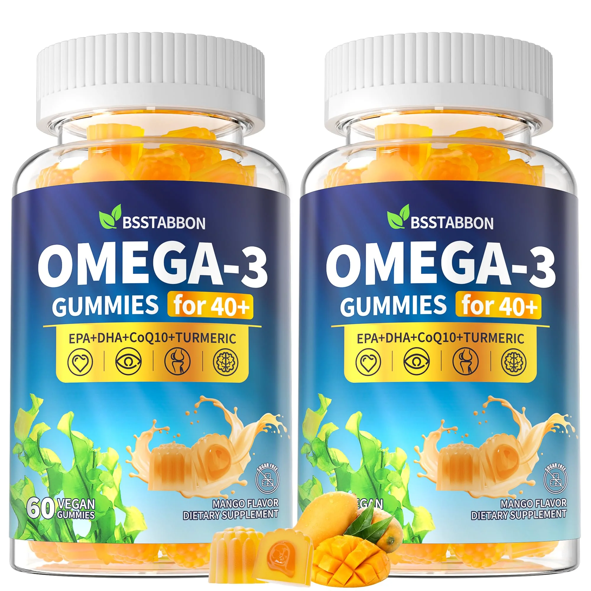 BSSTABBON Omega-3 Gummies Supplement for Adults 40+: 1280mg Vegan Omega3 Fatty Acid DHA EPA with Vitamin D3 K2 Zinc Turmeric for Overall Health Support - Fish Oil Alternative for Women Men(120Count)