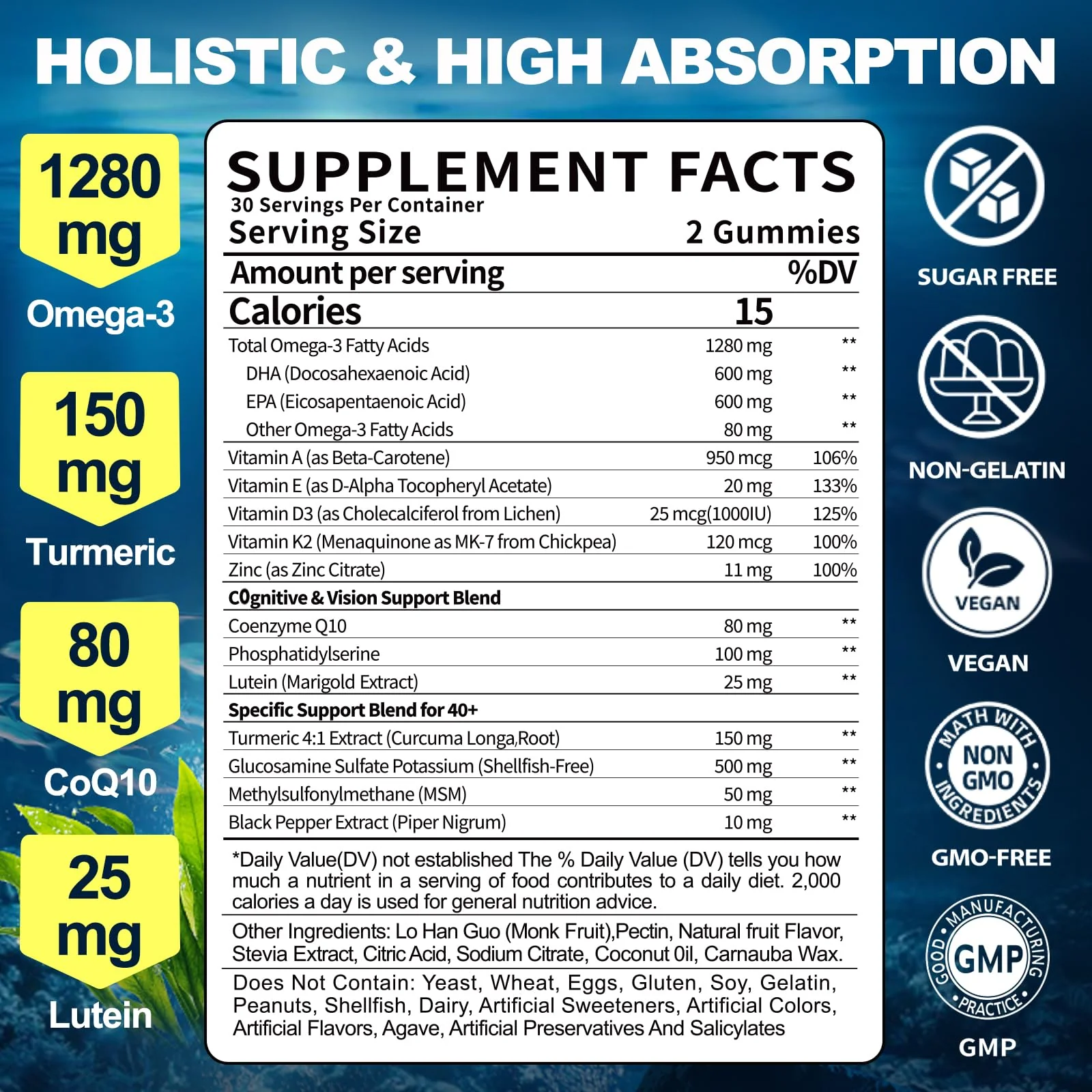 BSSTABBON Omega-3 Gummies Supplement for Adults 40+: 1280mg Vegan Omega3 Fatty Acid DHA EPA with Vitamin D3 K2 Zinc Turmeric for Overall Health Support - Fish Oil Alternative for Women Men(120Count) - Image 6